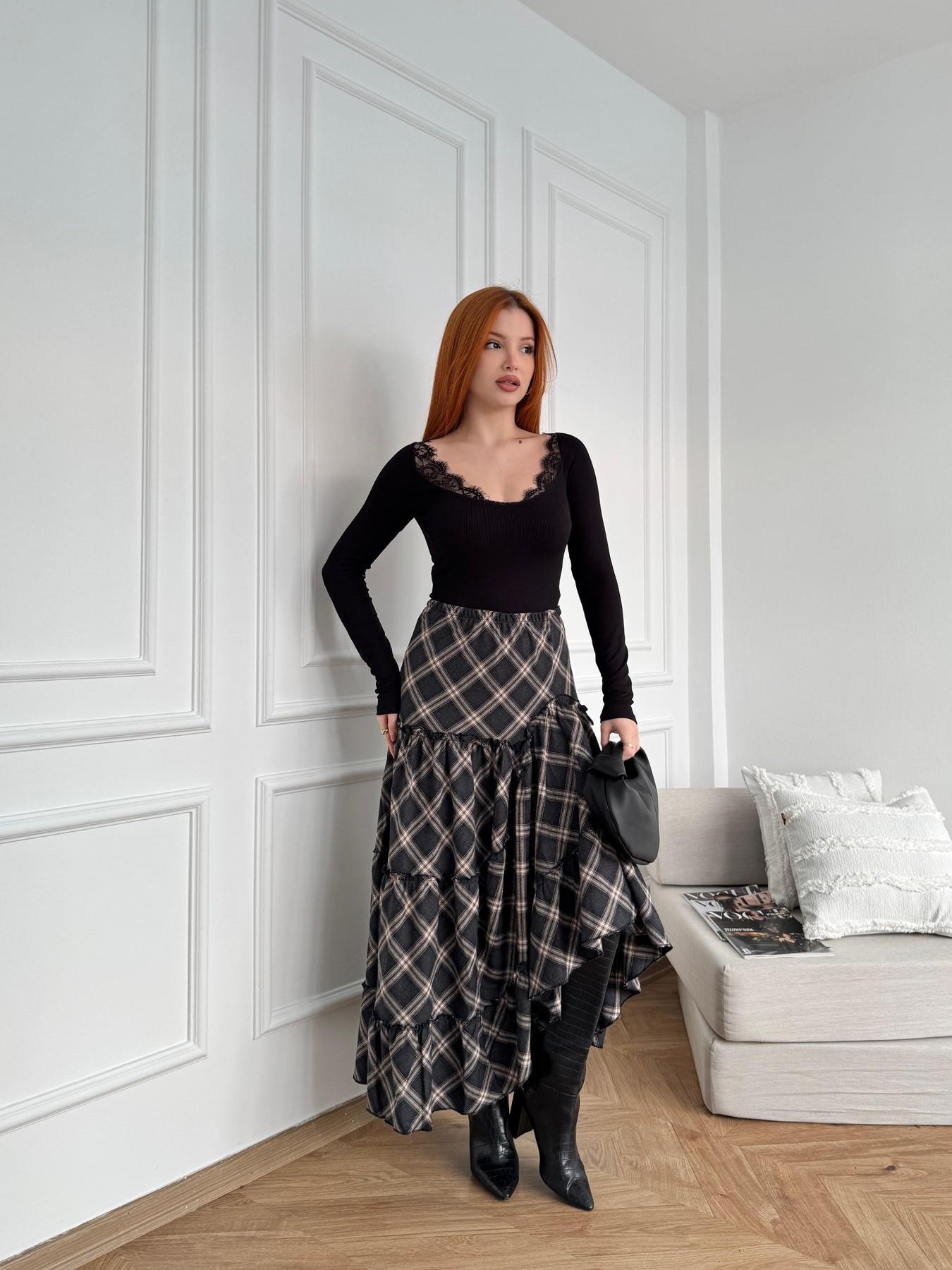 Ekose Desenli Asimetrik Etek Antrasit