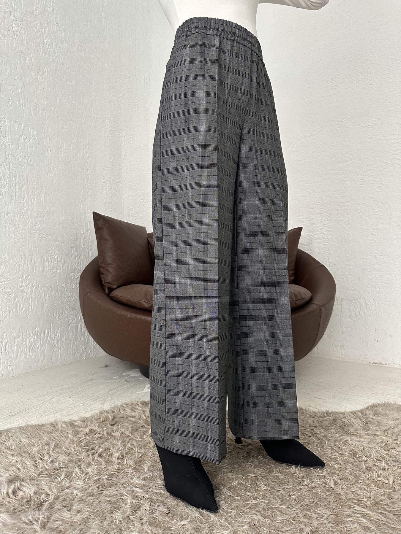 Ekose Lastikli Bol Paça Pantolon GRİ