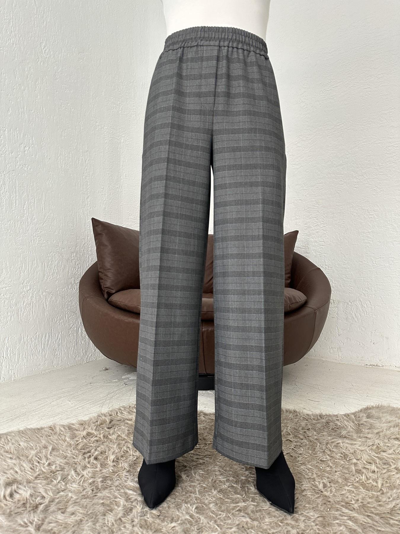 Ekose Lastikli Bol Paça Pantolon GRİ