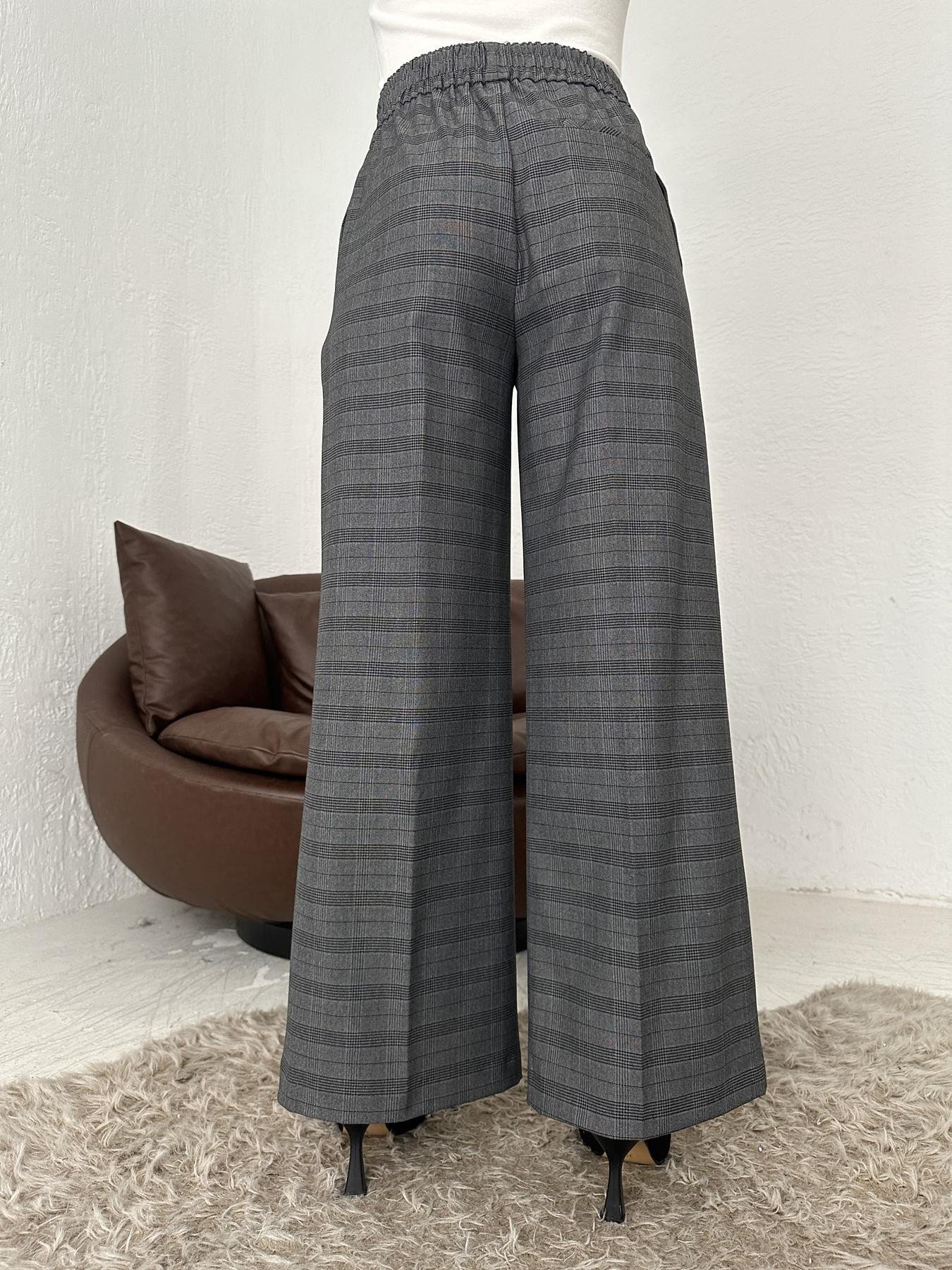 Ekose Lastikli Bol Paça Pantolon GRİ