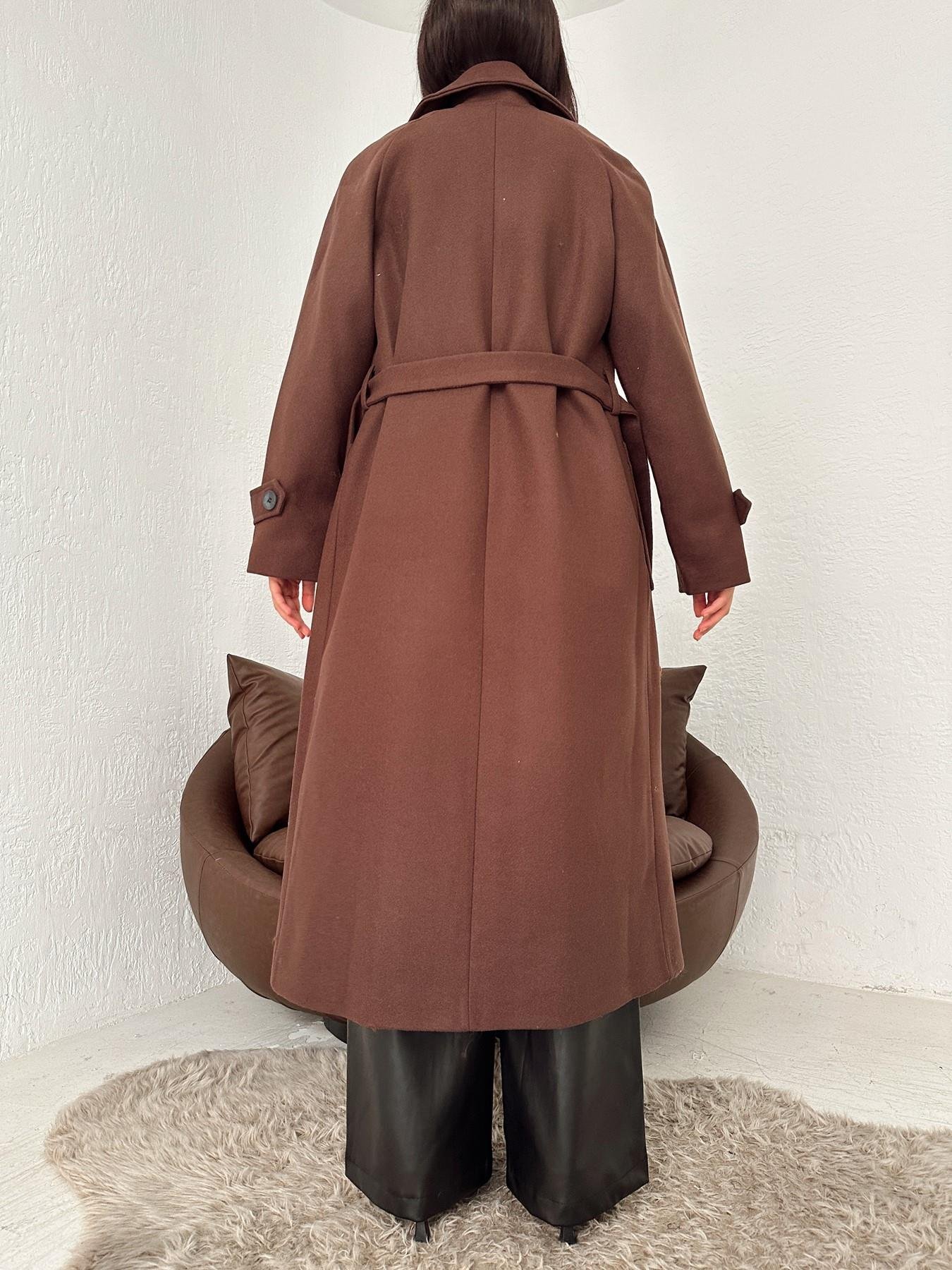 Erkek Yaka Kuşaklı Kaşe Kaban KAHVE