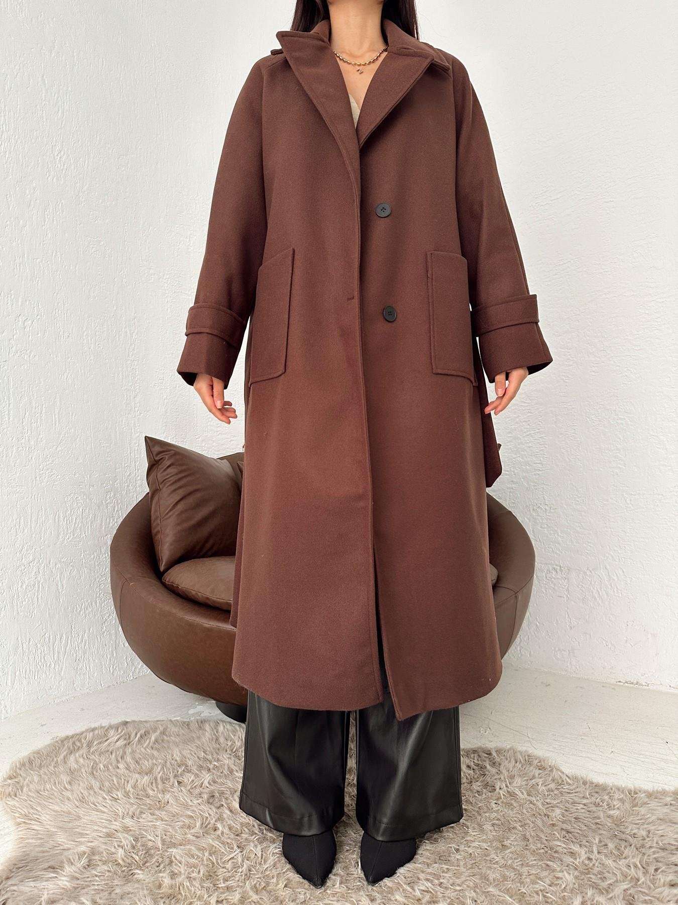 Erkek Yaka Kuşaklı Kaşe Kaban KAHVE