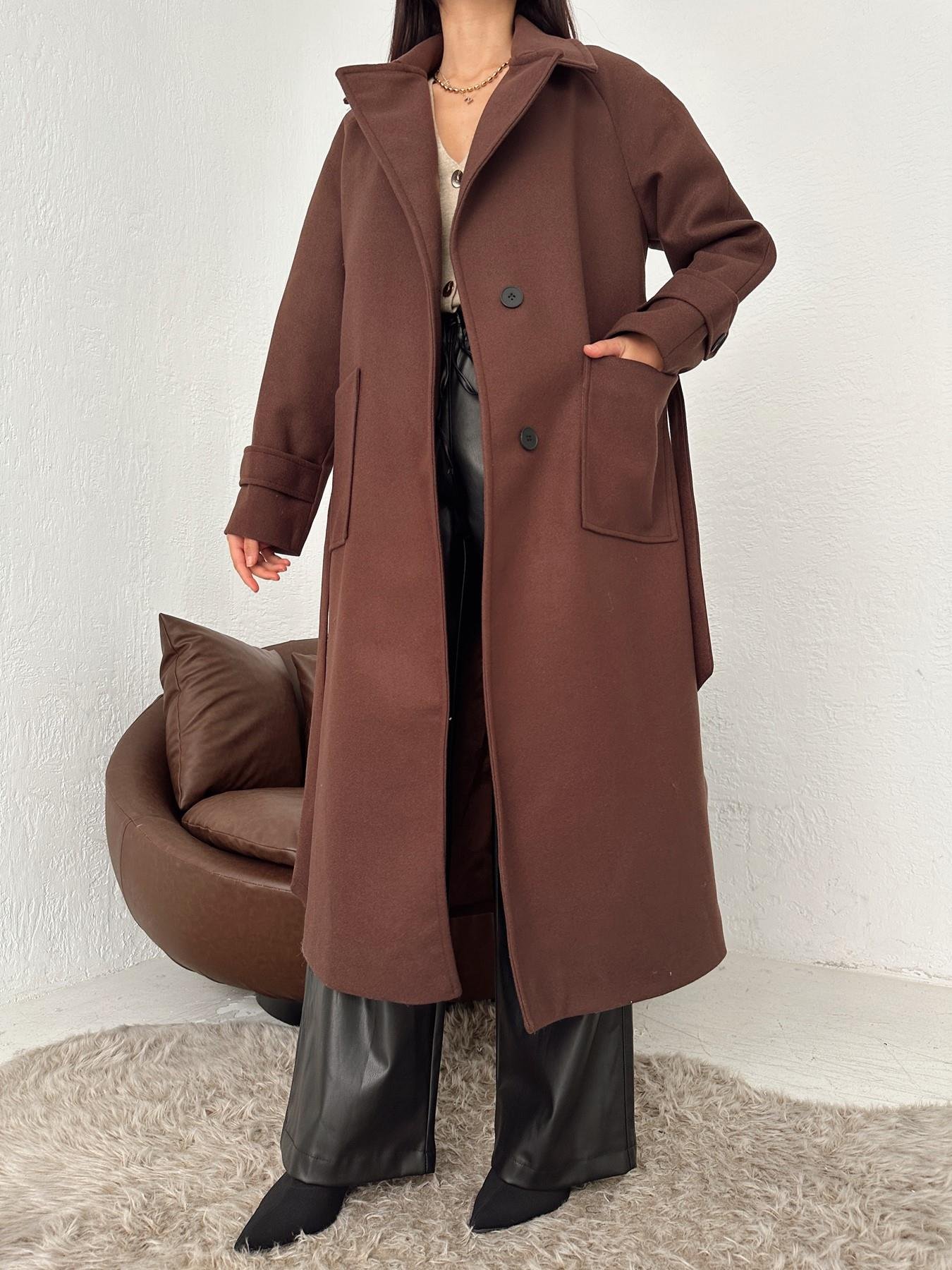 Erkek Yaka Kuşaklı Kaşe Kaban KAHVE