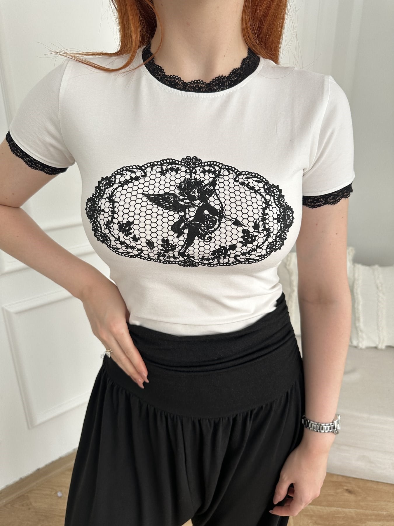 Eros Baskılı Dantel Garni T-shirt Ekru