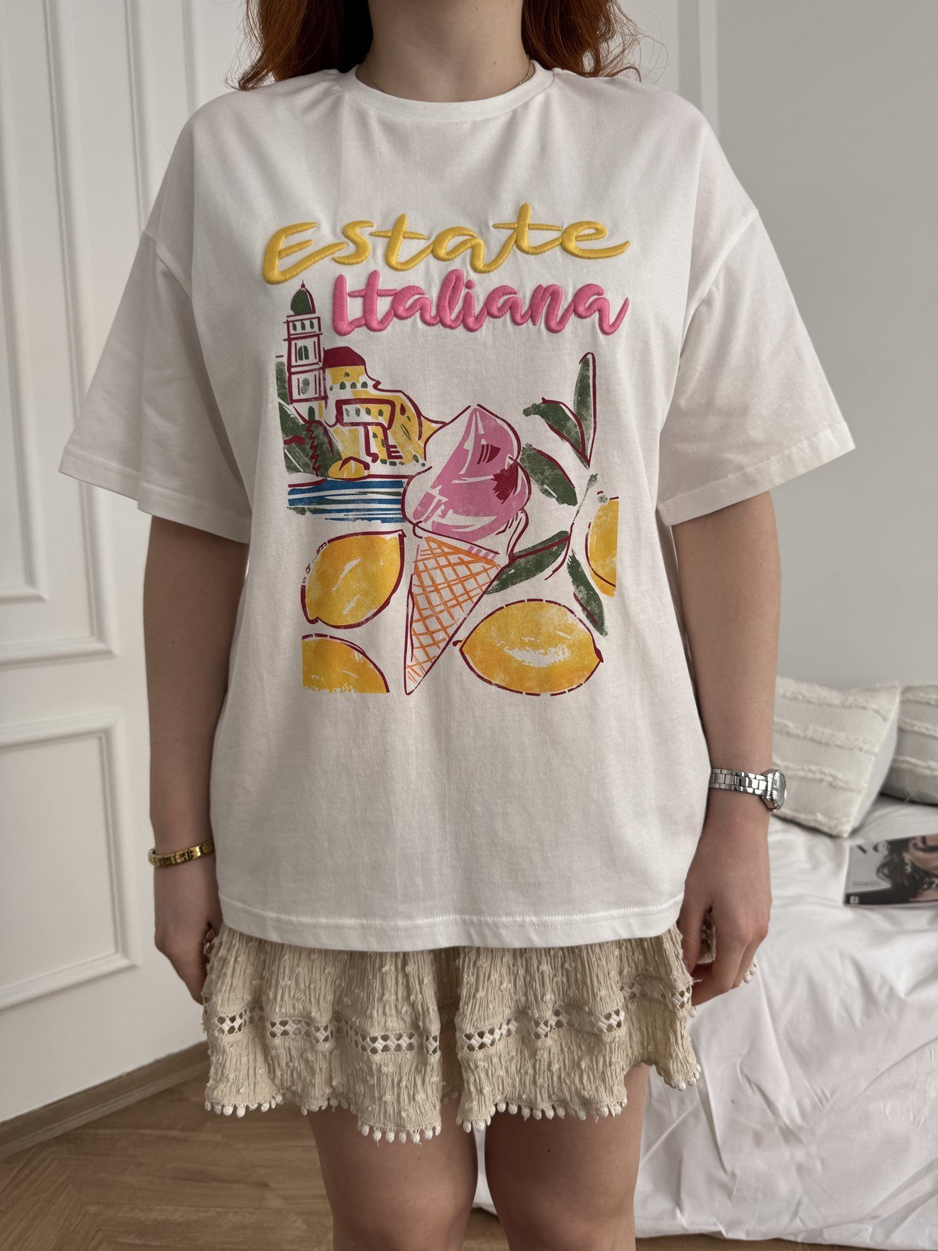 Estate Italiana Nakışlı T-shirt Ekru