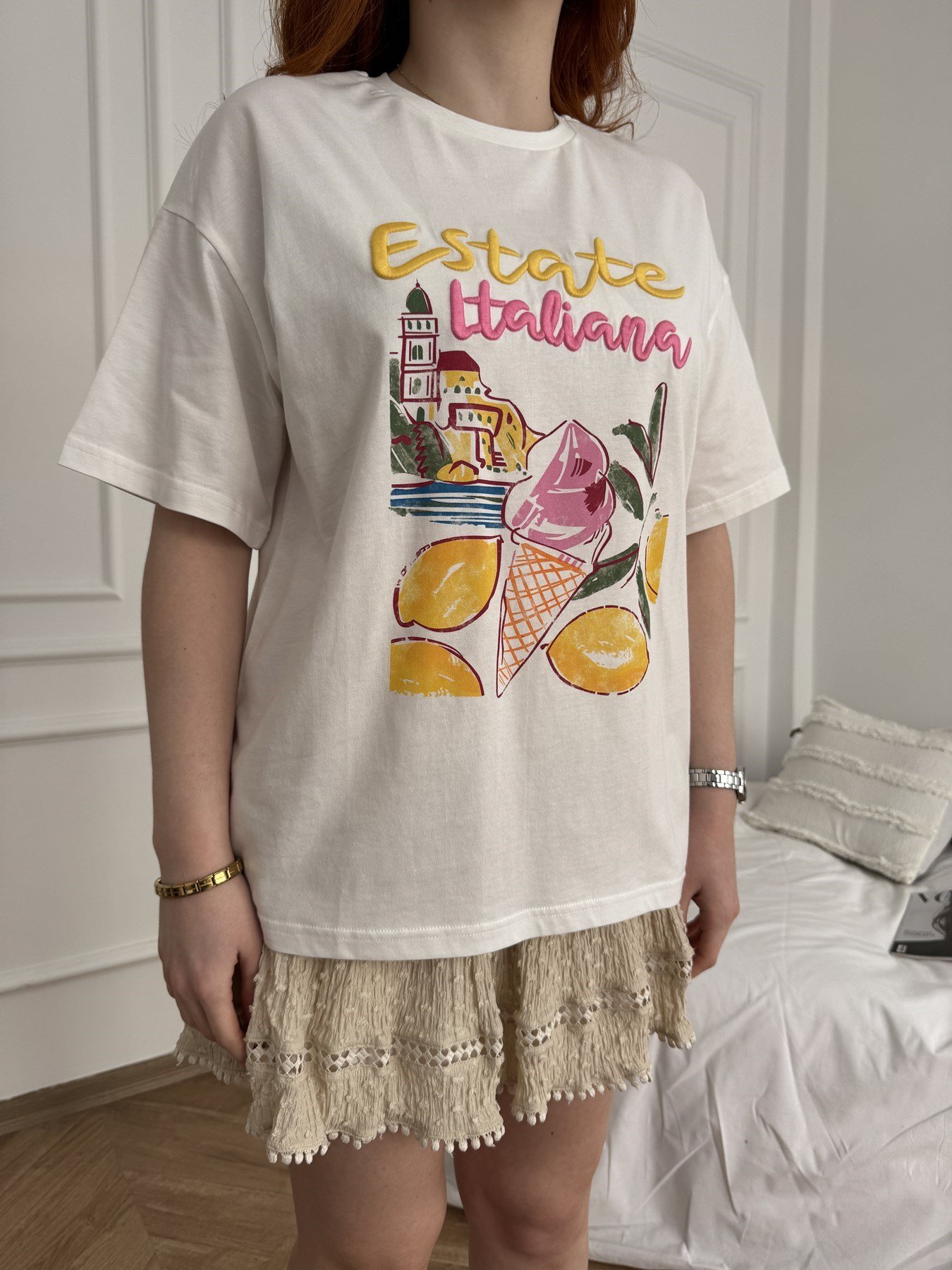 Estate Italiana Nakışlı T-shirt Ekru