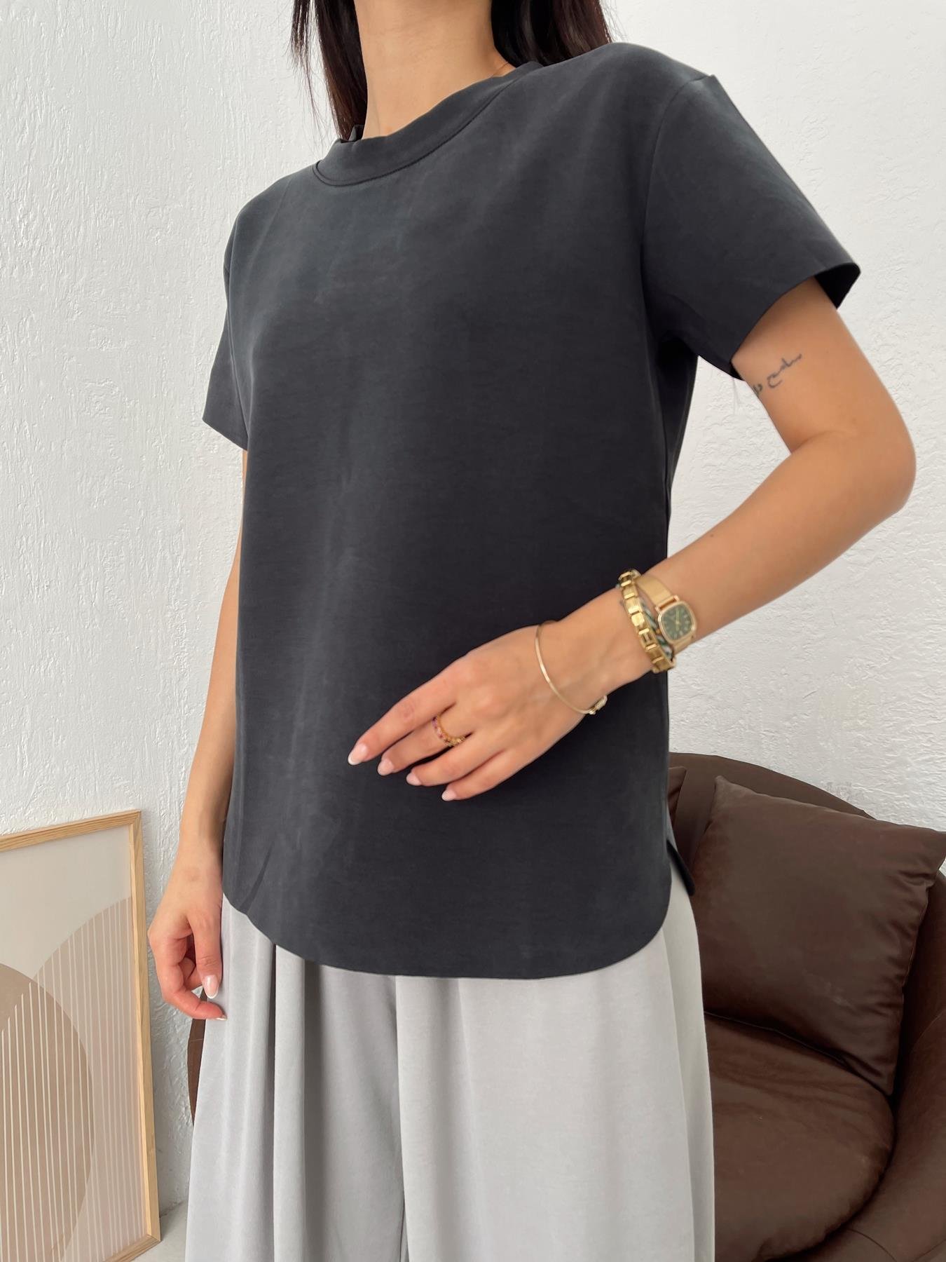 Eteği Oval Modal Tişört ANTRASİT