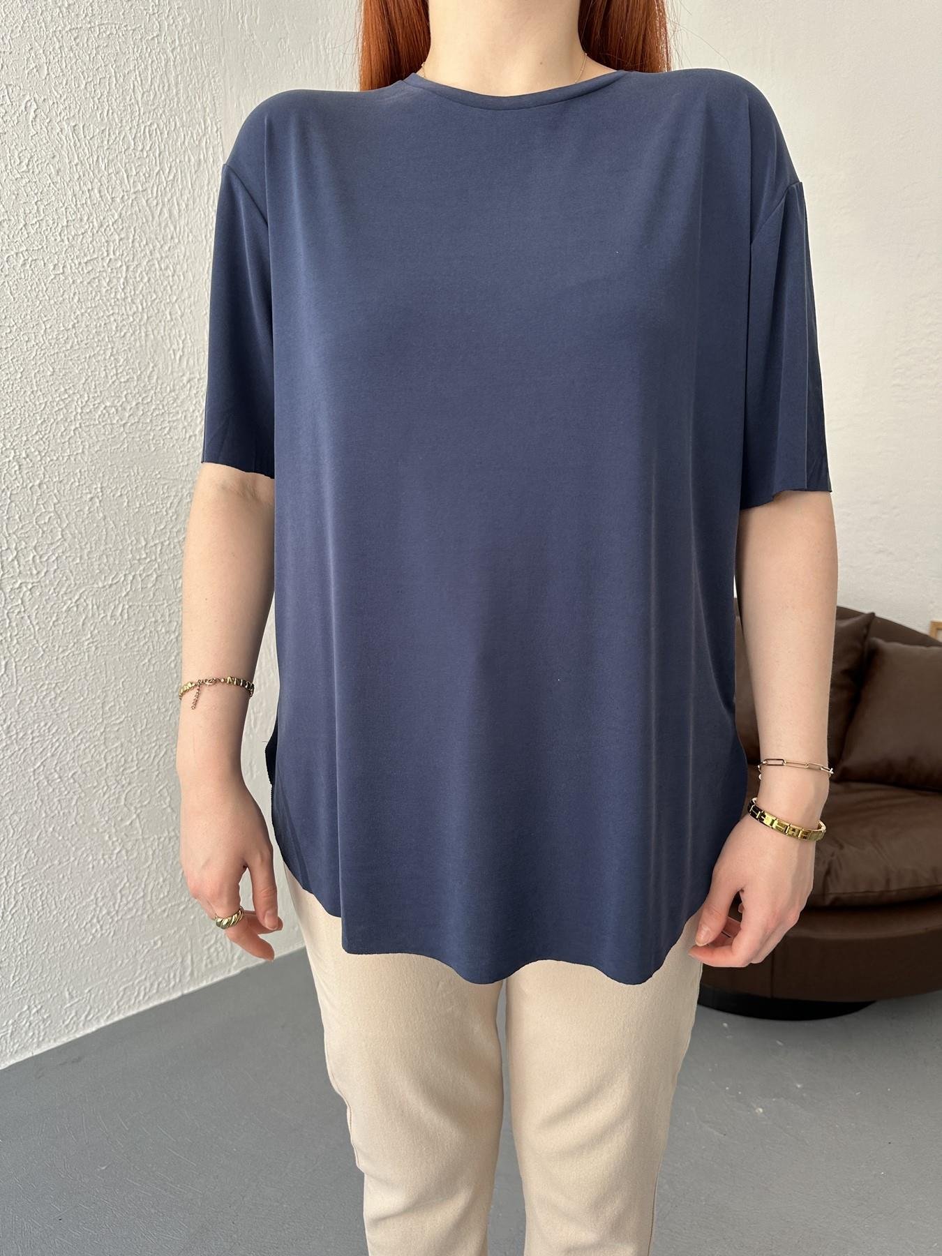 Eteği Oval Oversize Tişört Lacivert