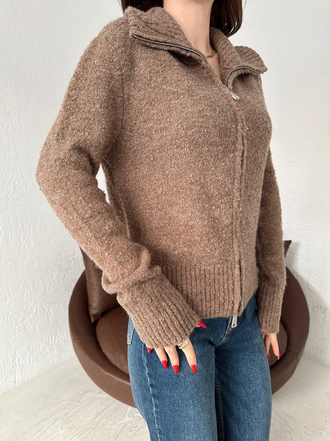 Fermuarlı Buklet Hırka VİZON