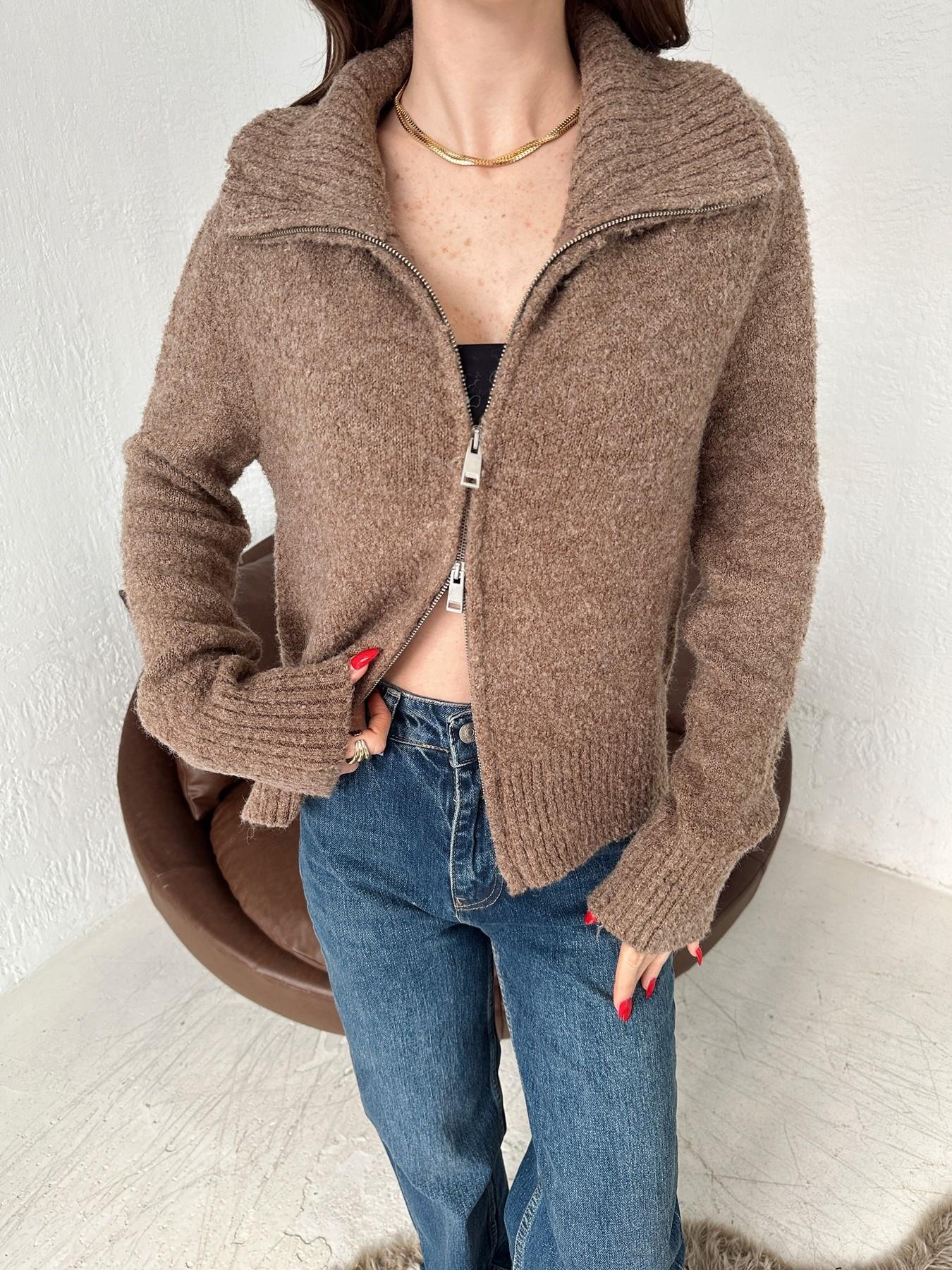 Fermuarlı Buklet Hırka VİZON