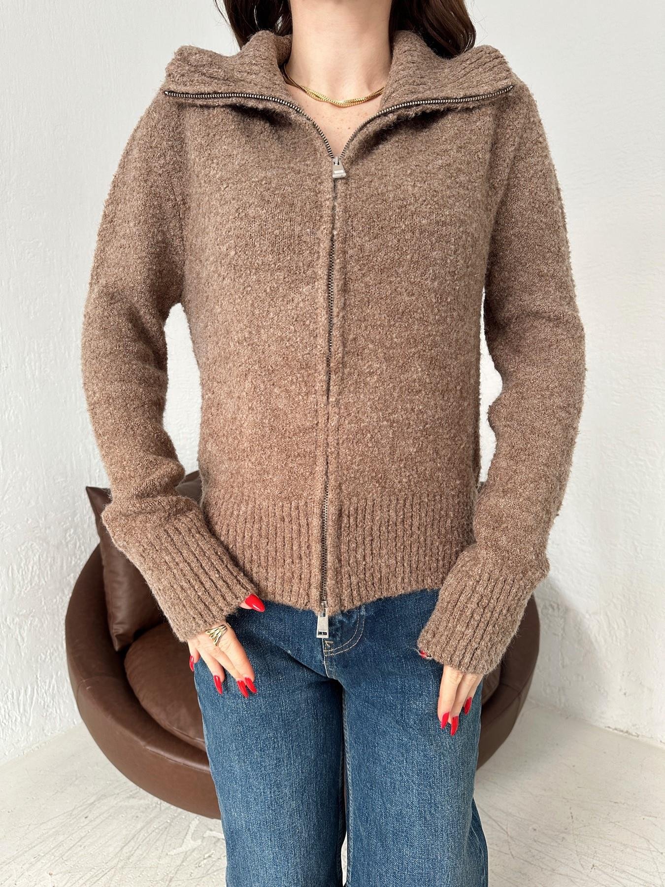 Fermuarlı Buklet Hırka VİZON