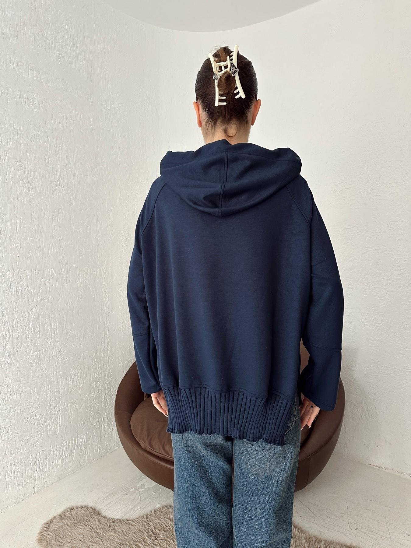 Fermuarlı Kapüşonlu Ribana Detay Sweat LACİVERT