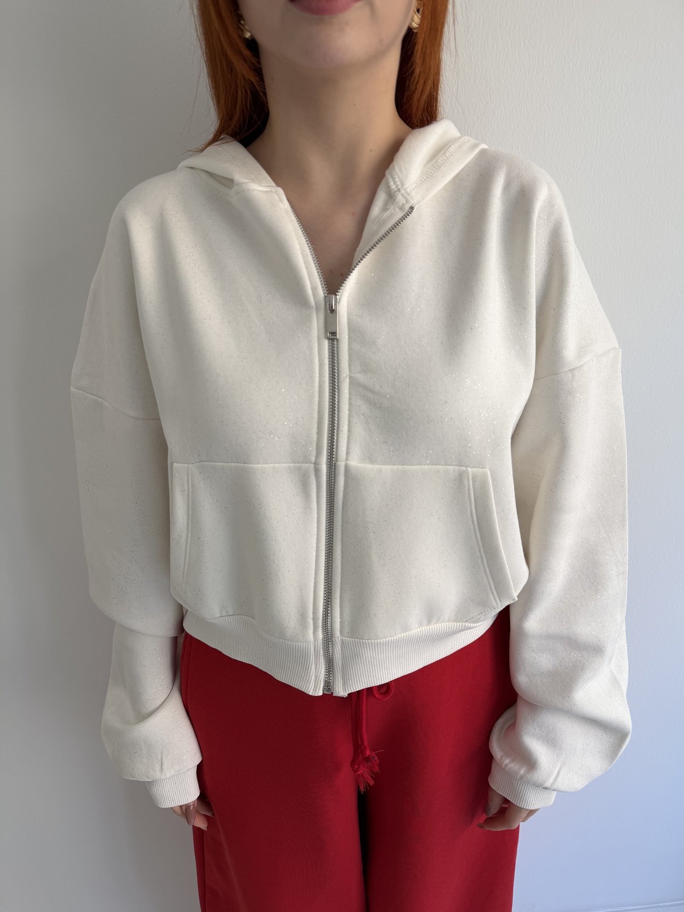 Fermuarlı Kapüşonlu Simli Sweatshirt Ekru