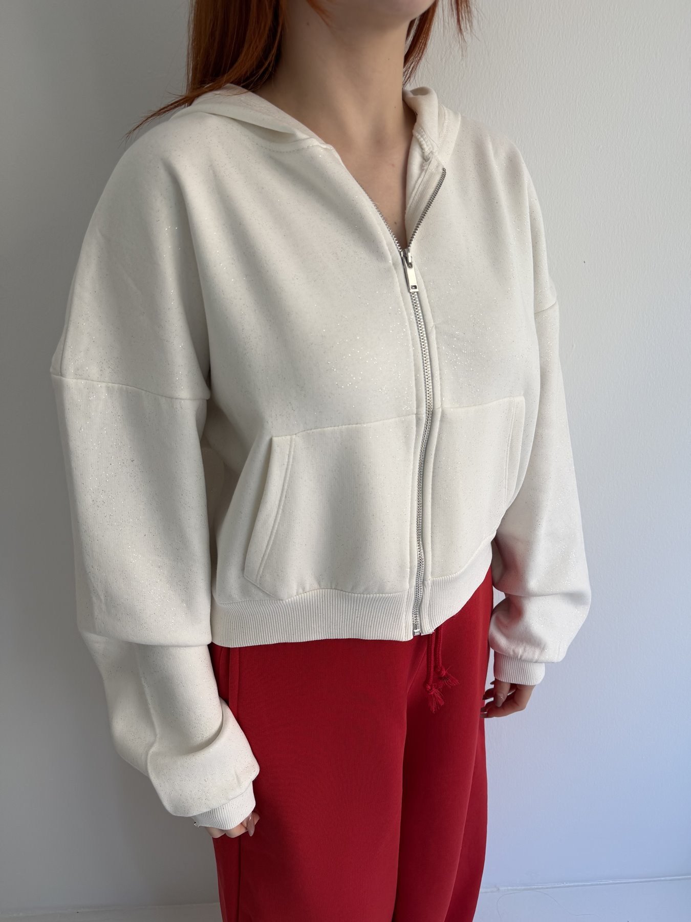 Fermuarlı Kapüşonlu Simli Sweatshirt Ekru