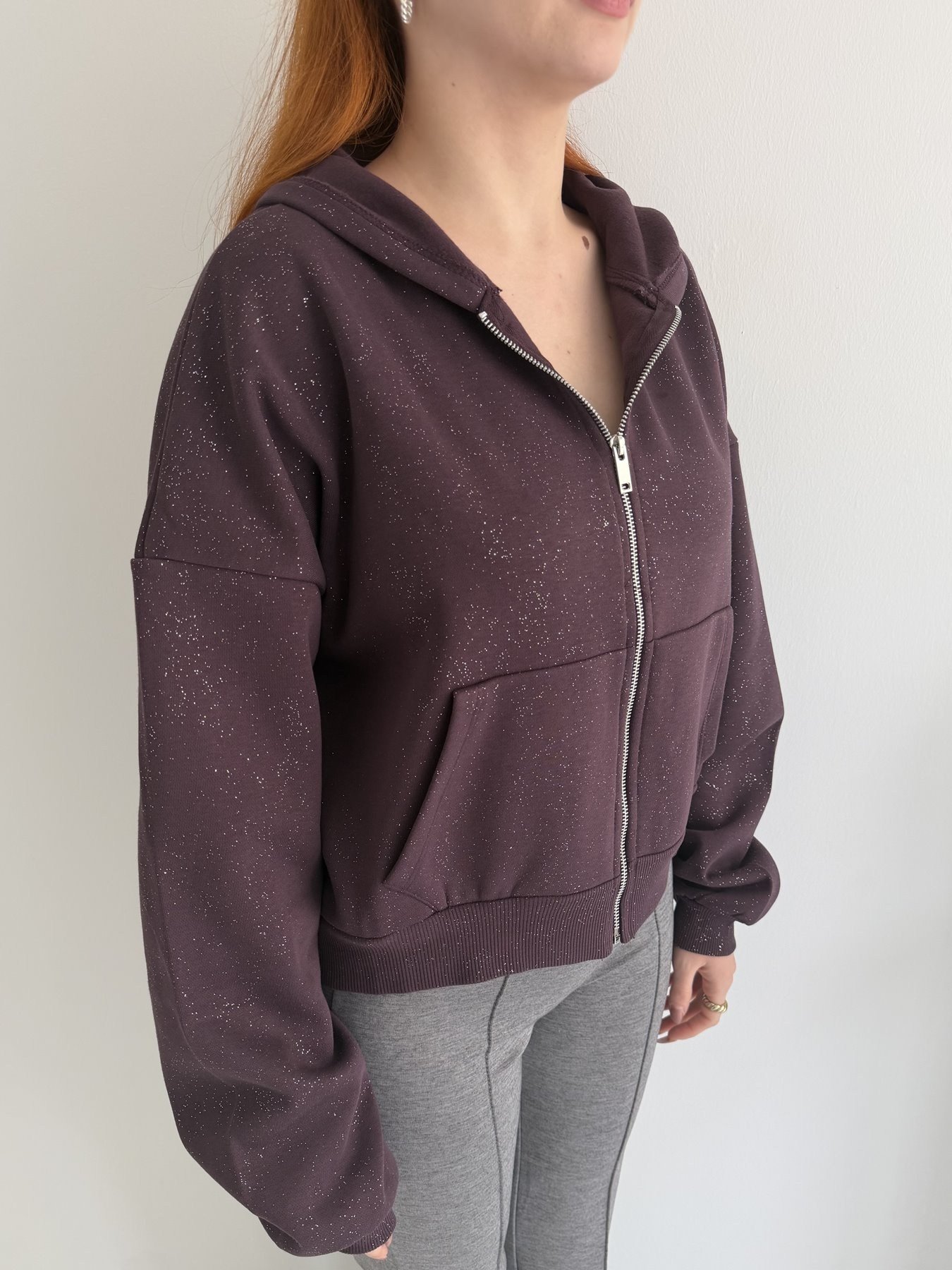 Fermuarlı Kapüşonlu Simli Sweatshirt Mürdüm