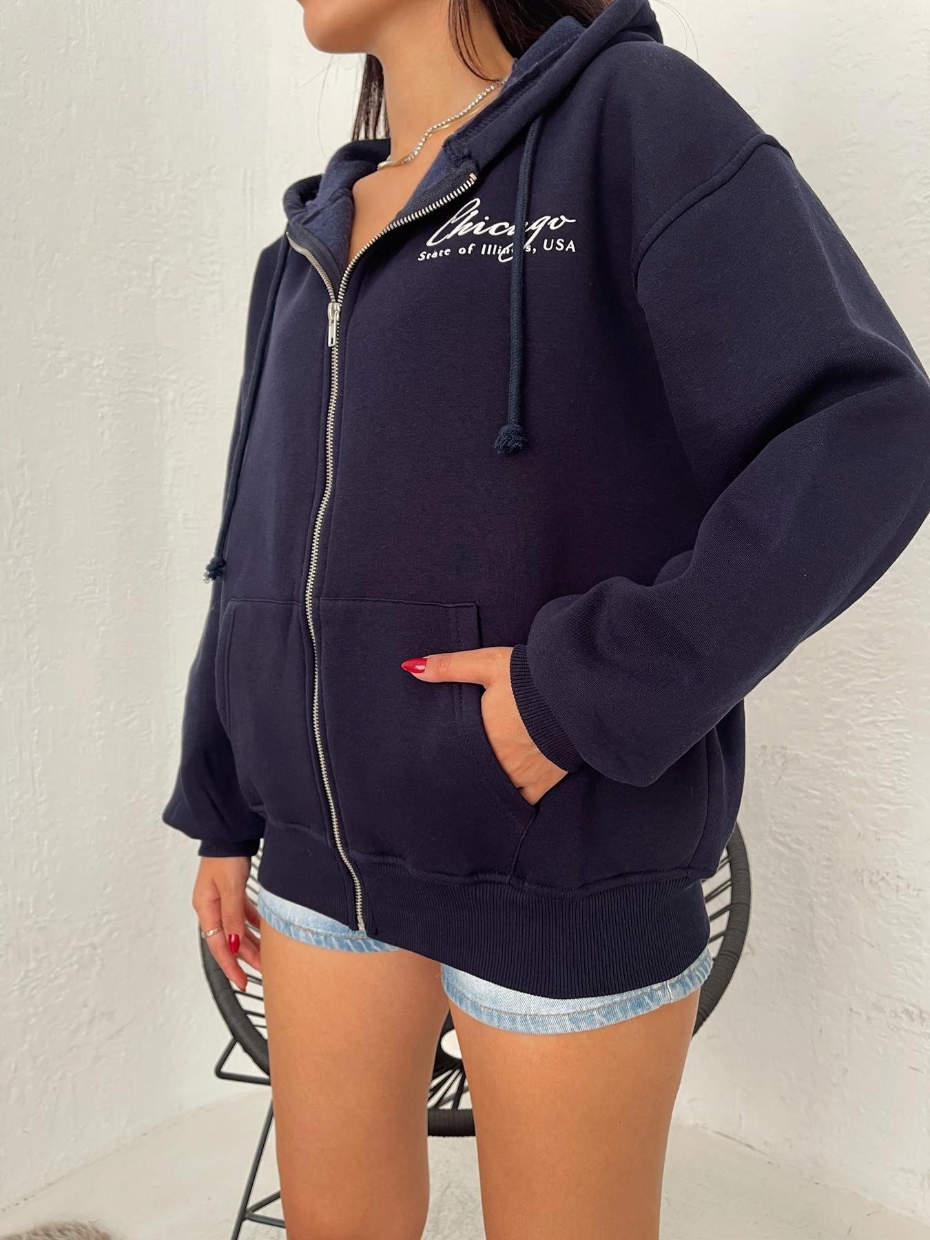 Fermuarlı Kapüşonlu Sweatshirt LACİVERT