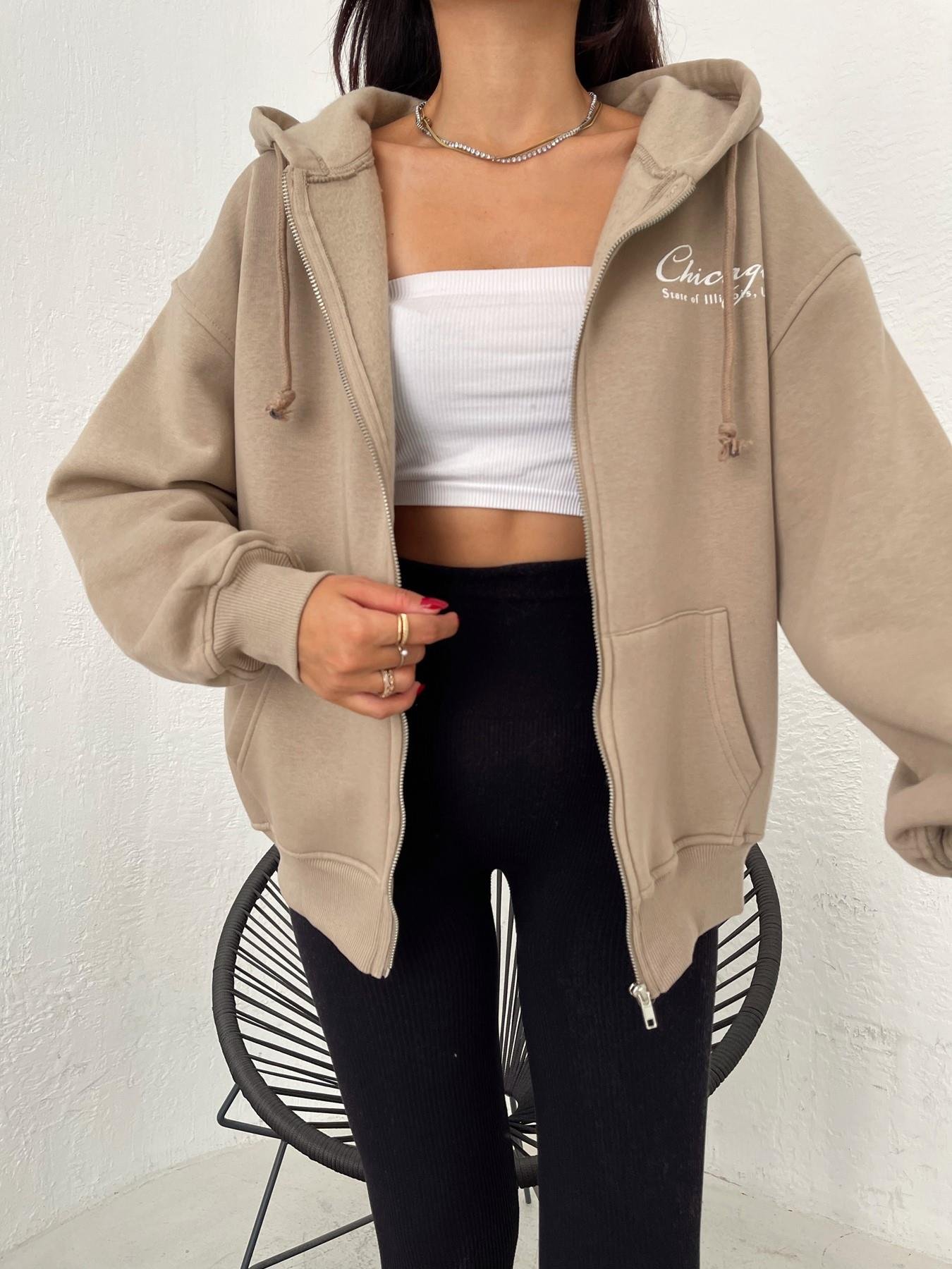 Fermuarlı Kapüşonlu Sweatshirt VİZON