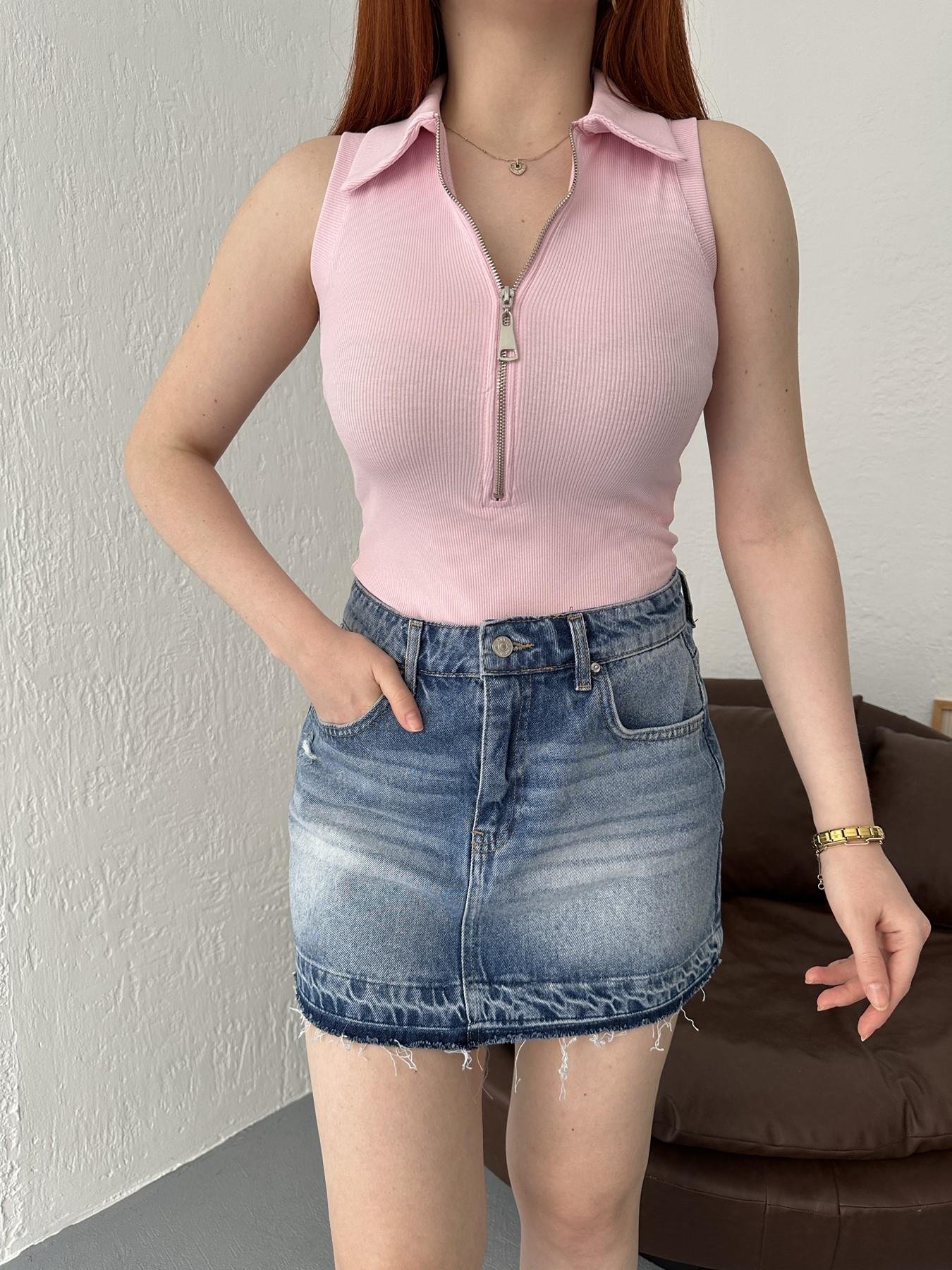 Fermuarlı Kolsuz Body Pembe