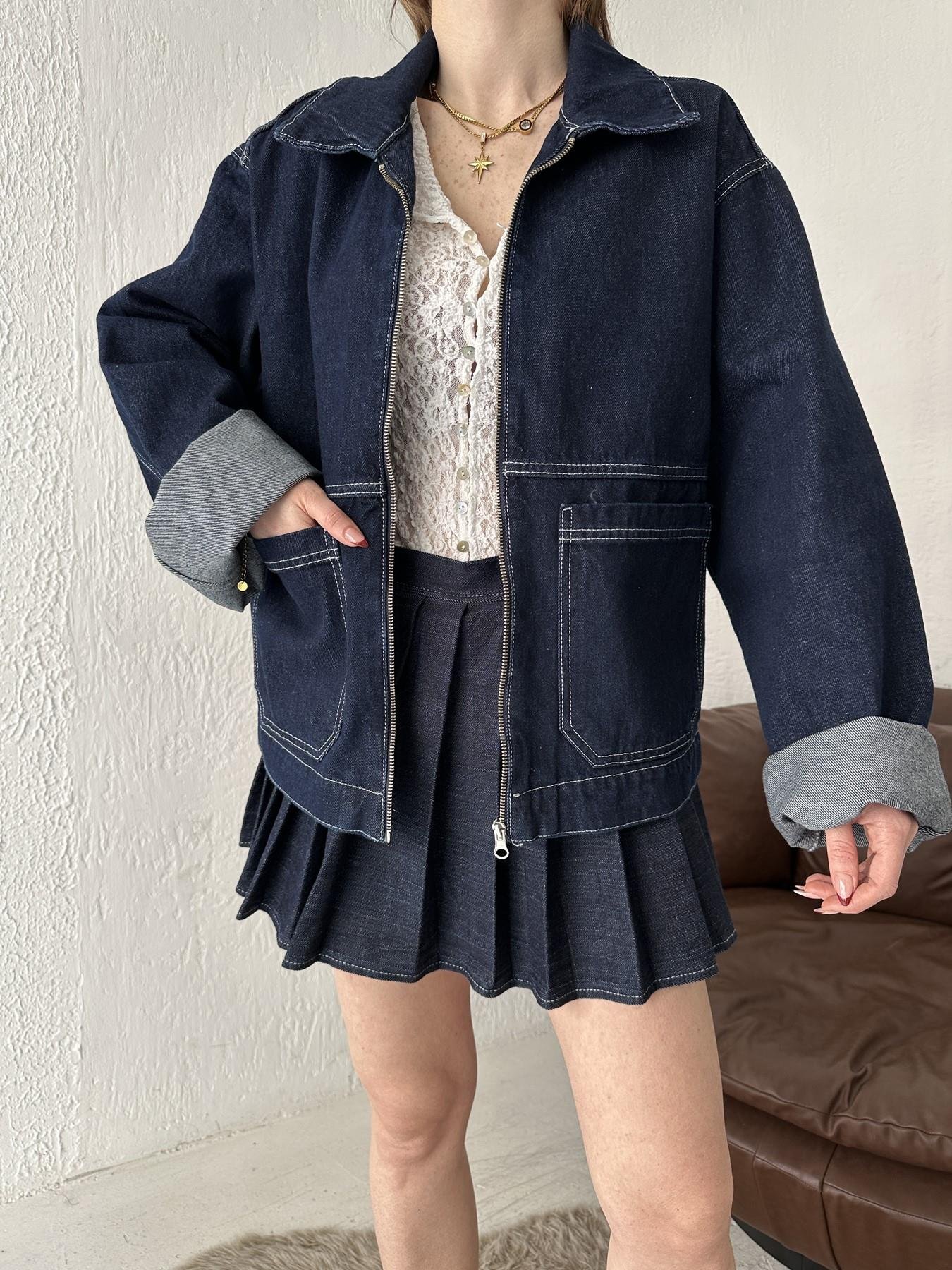 Fermuarlı Oversize Mont Lacivert