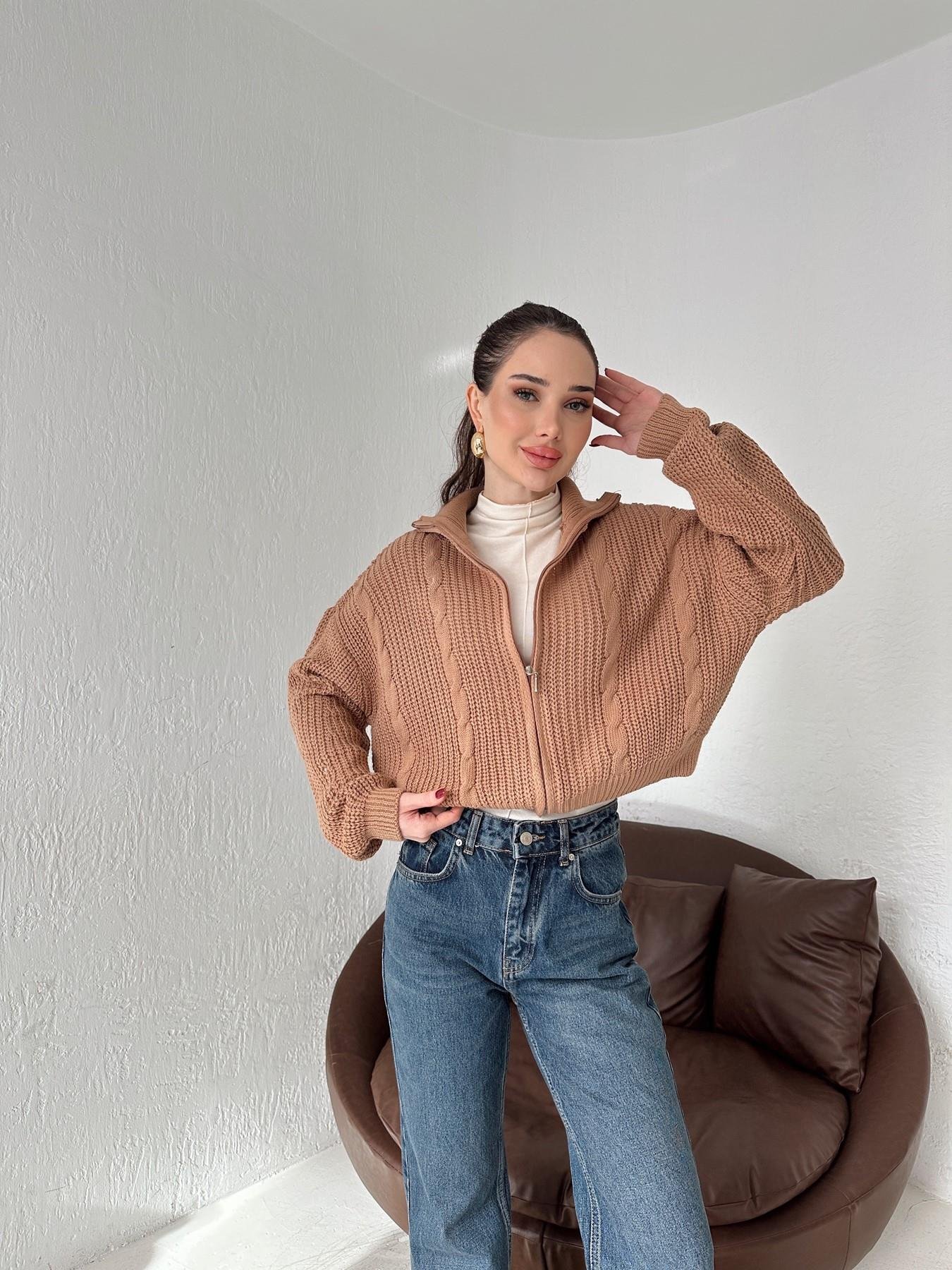 Fermuarlı Saç Örgü Hırka CAMEL