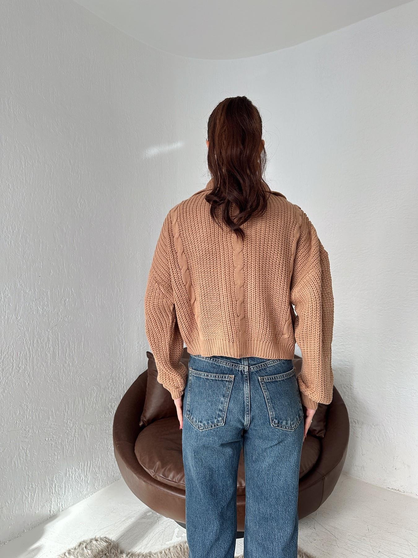 Fermuarlı Saç Örgü Hırka CAMEL