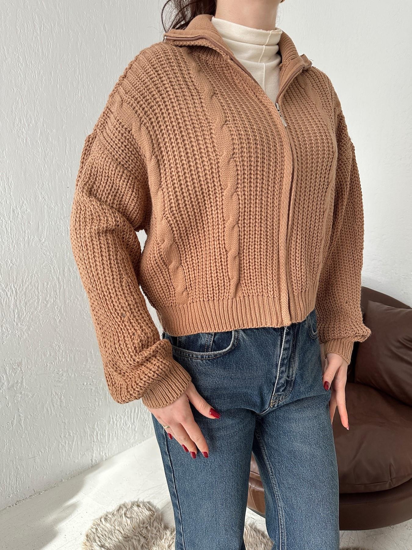 Fermuarlı Saç Örgü Hırka CAMEL