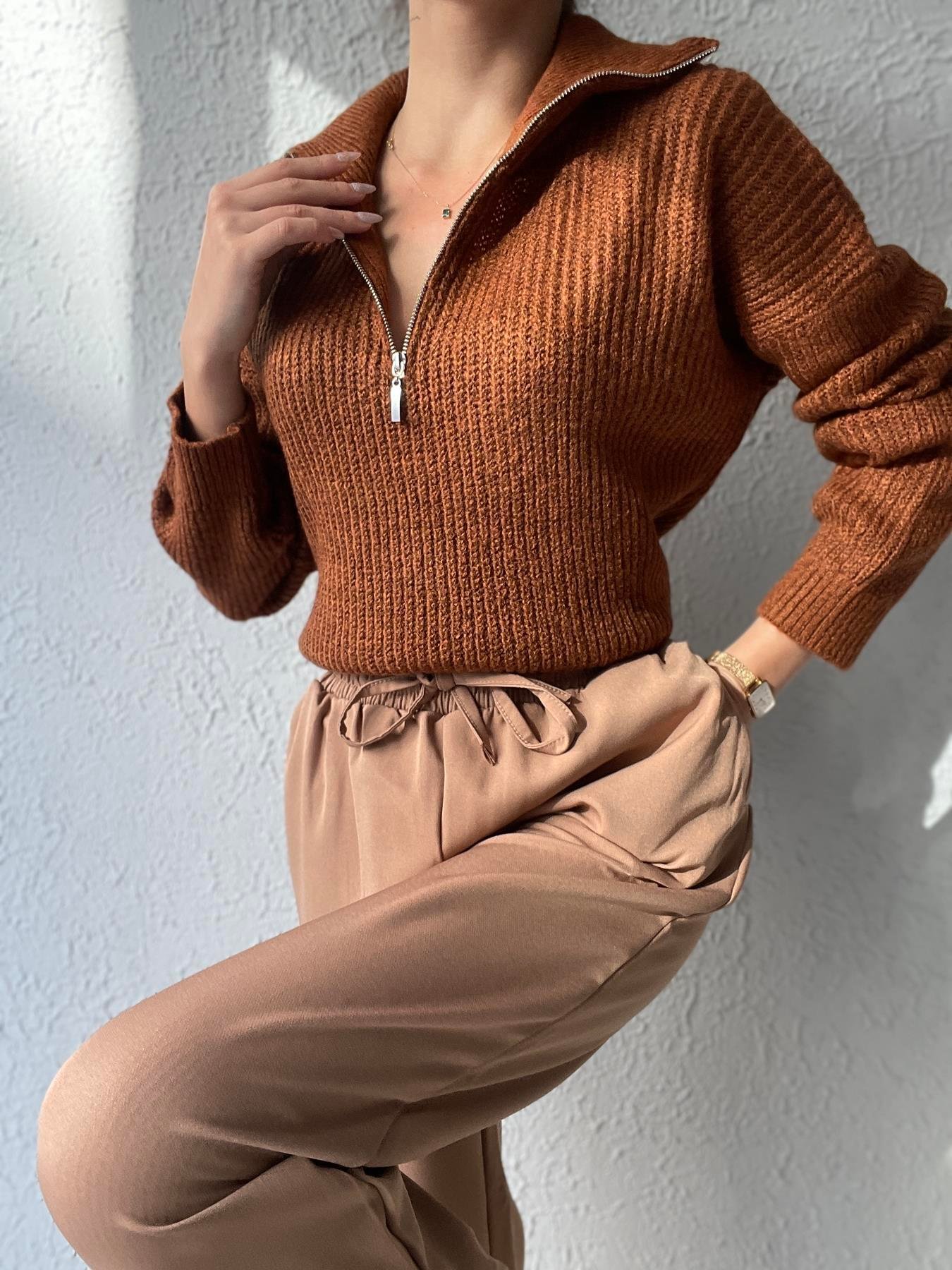 Fermuarlı Şardon Kazak KAHVE