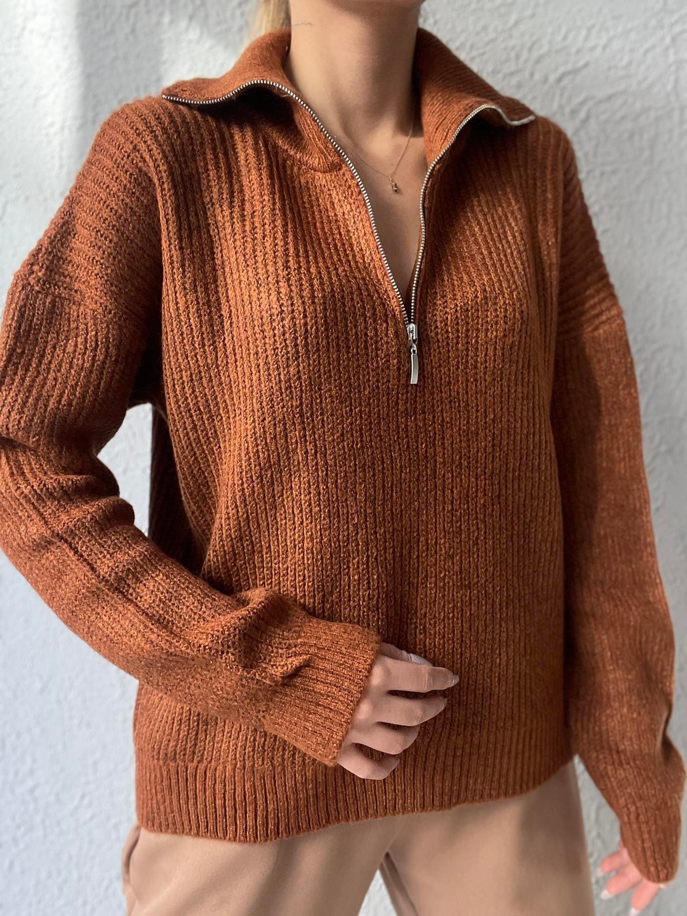 Fermuarlı Şardon Kazak KAHVE