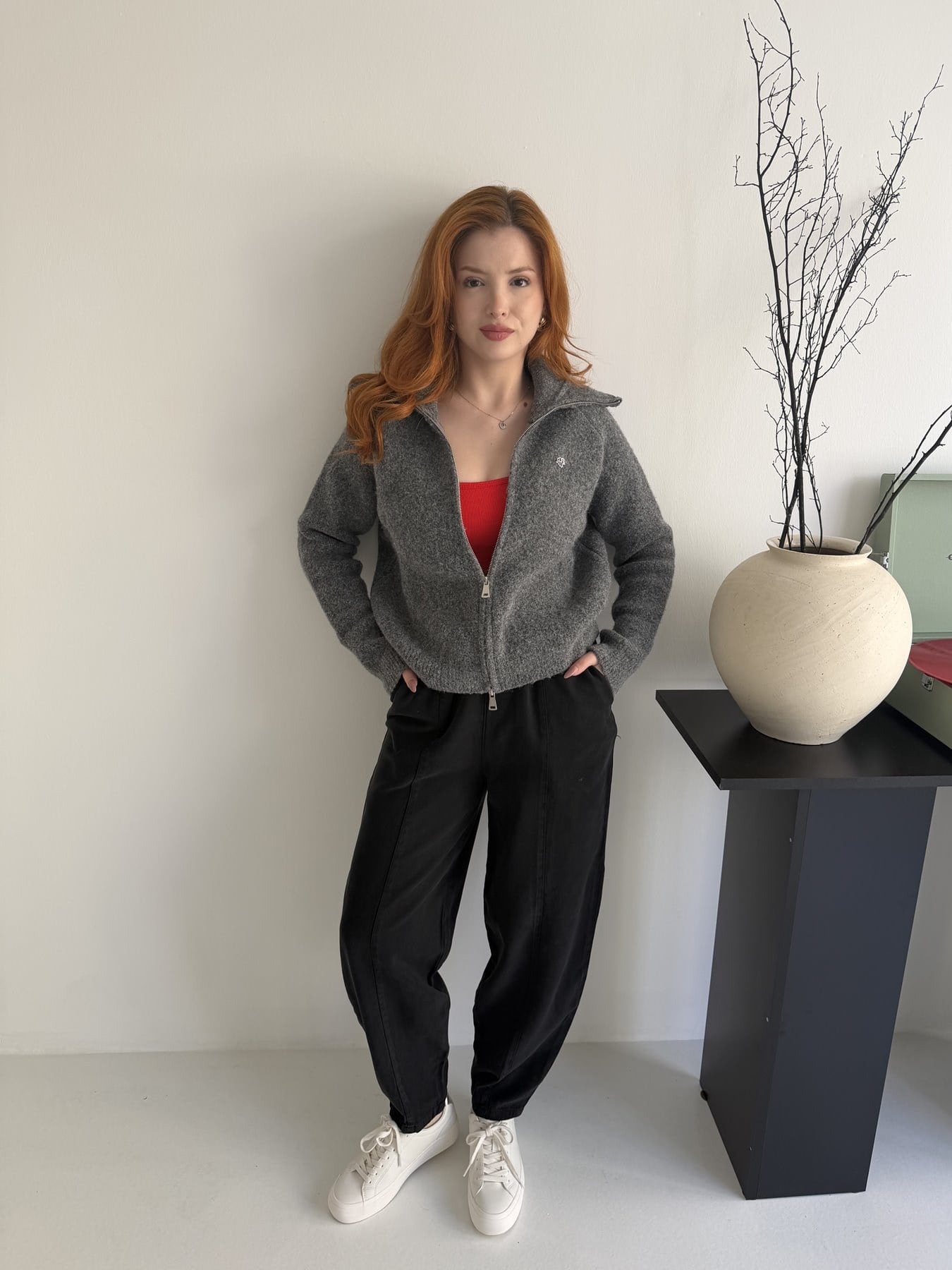 Fermuarlı Şardonlu Hırka Koyu gri
