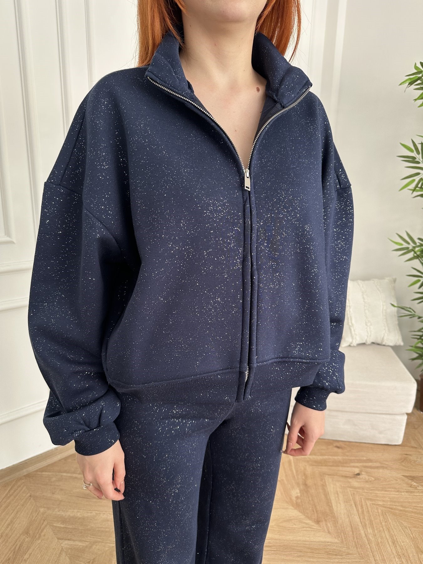 Fermuarlı Simli Sweatshirt Lacivert-gümüş