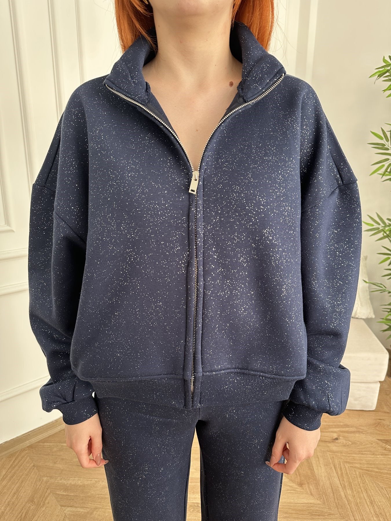 Fermuarlı Simli Sweatshirt Lacivert-gümüş