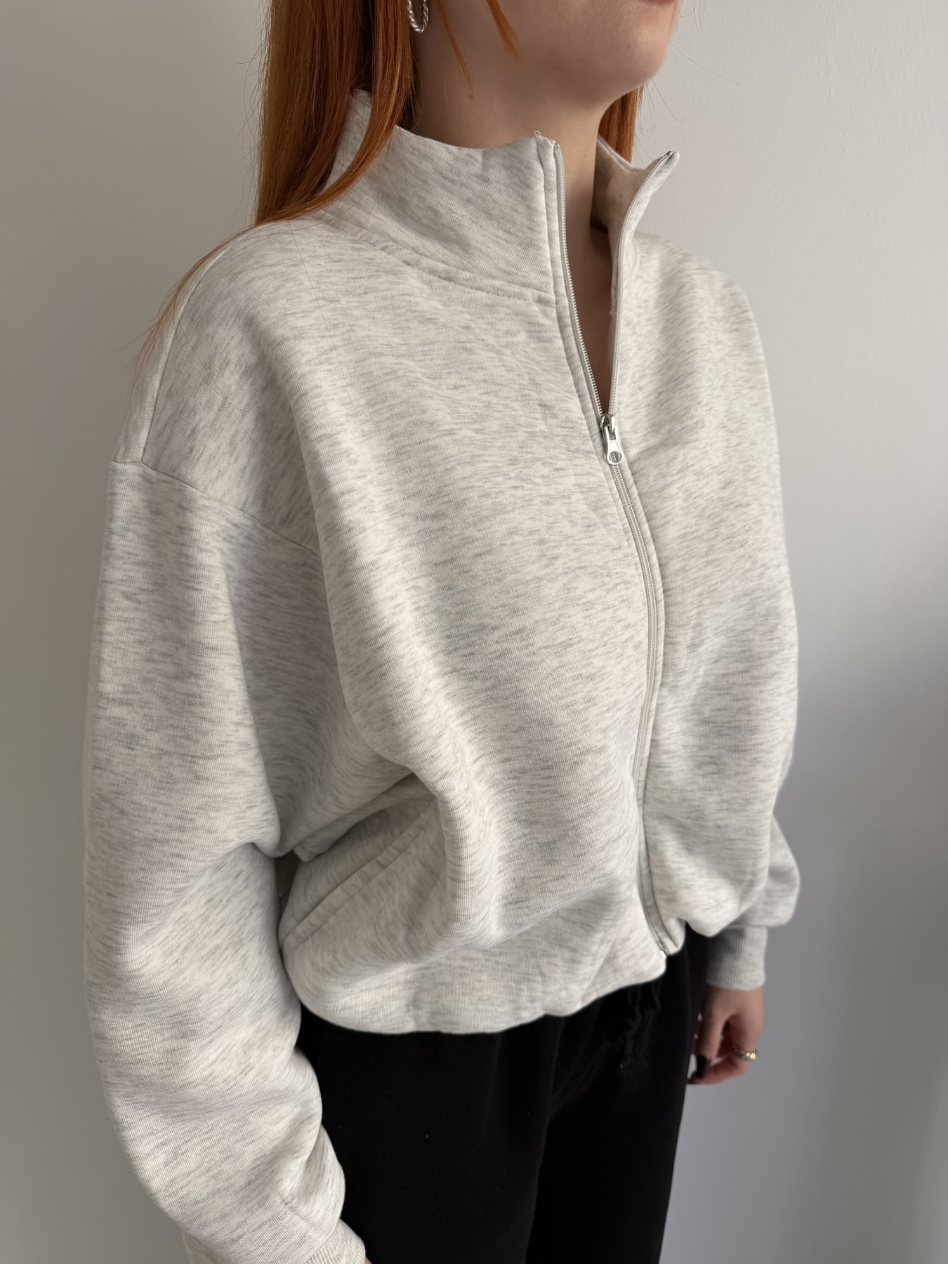 Fermuarlı Sırtı Baskılı Yarasa Kol Sweatshırt Gri melanj