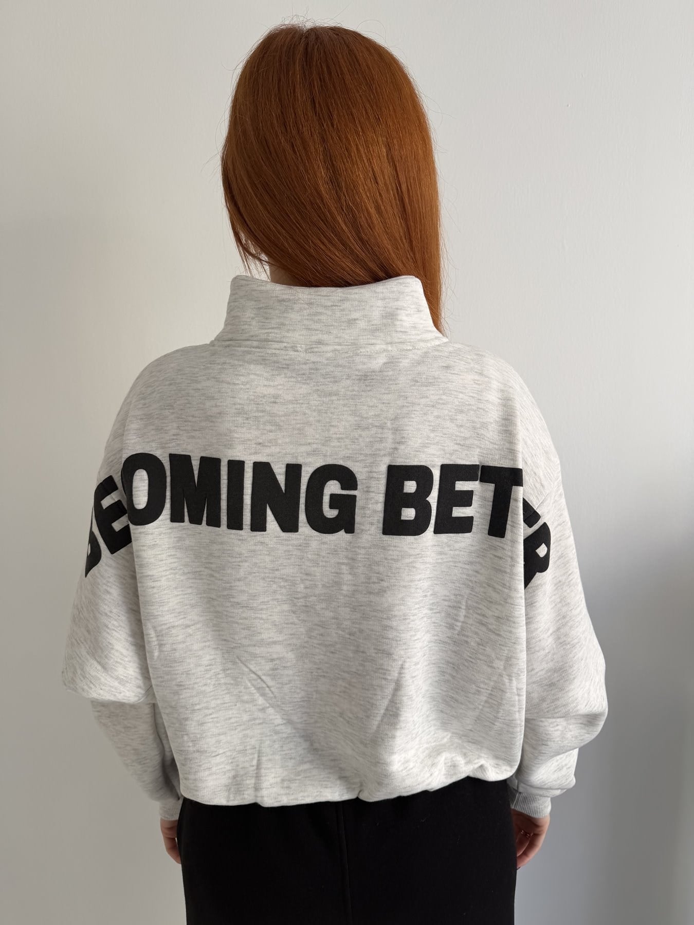 Fermuarlı Sırtı Baskılı Yarasa Kol Sweatshırt Gri melanj