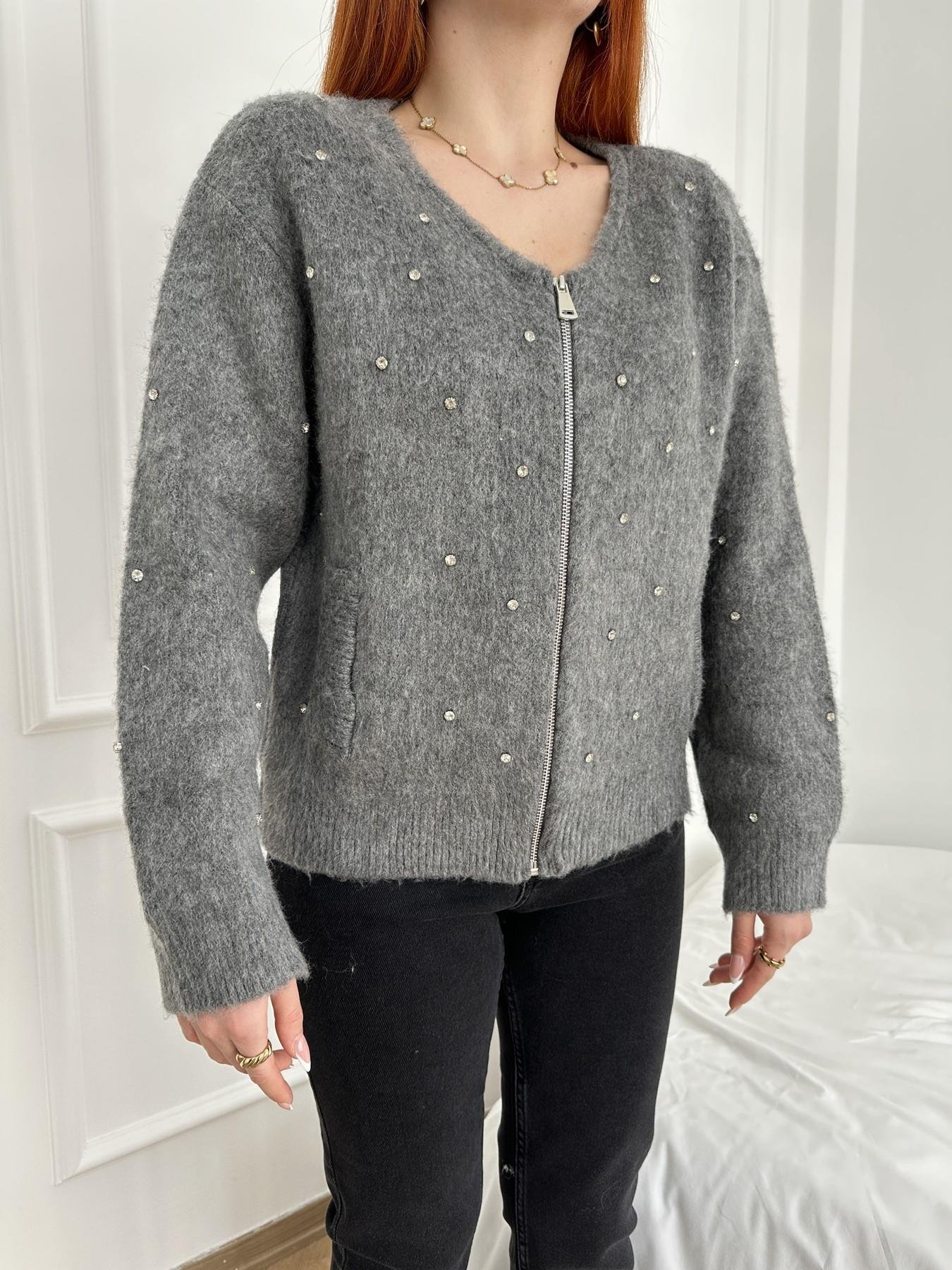 Fermuarlı Taşlı Oversize Hırka Antrasit