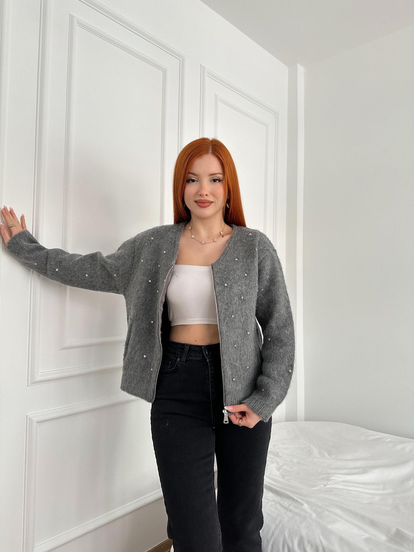 Fermuarlı Taşlı Oversize Hırka Antrasit