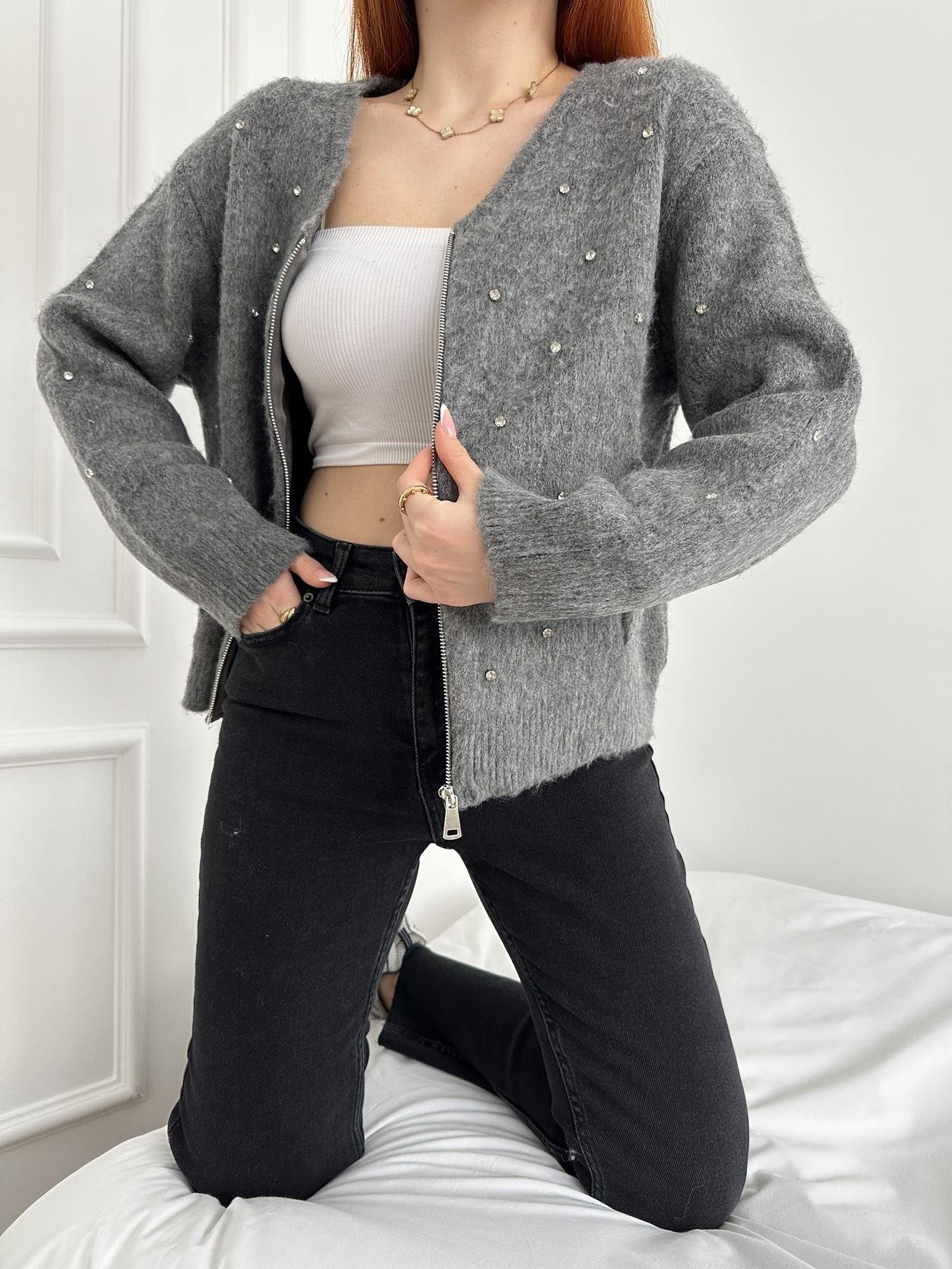 Fermuarlı Taşlı Oversize Hırka Antrasit