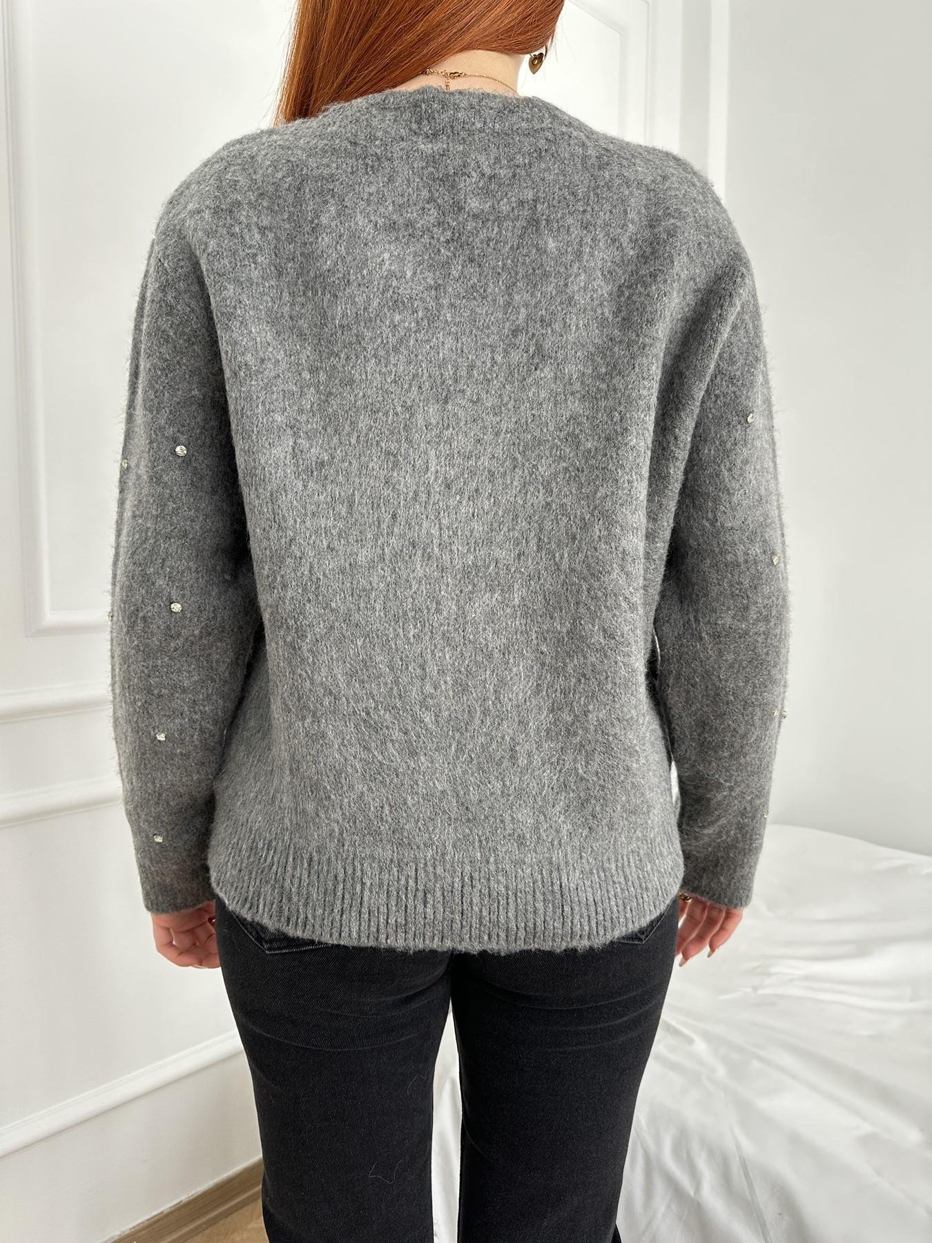 Fermuarlı Taşlı Oversize Hırka Antrasit