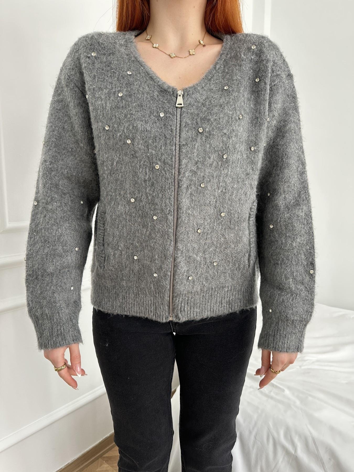 Fermuarlı Taşlı Oversize Hırka Antrasit