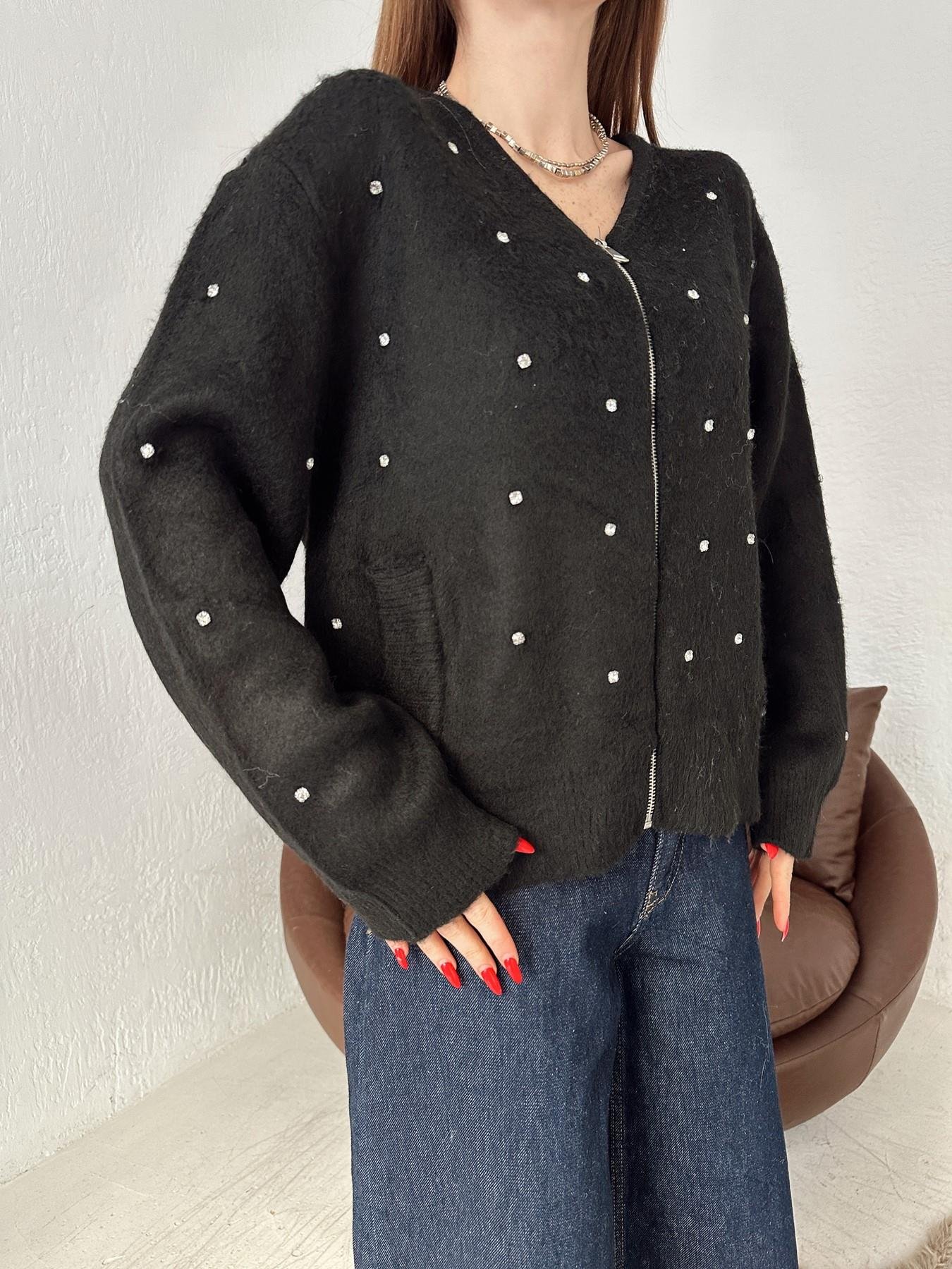 Fermuarlı Taşlı Oversize Hırka SİYAH