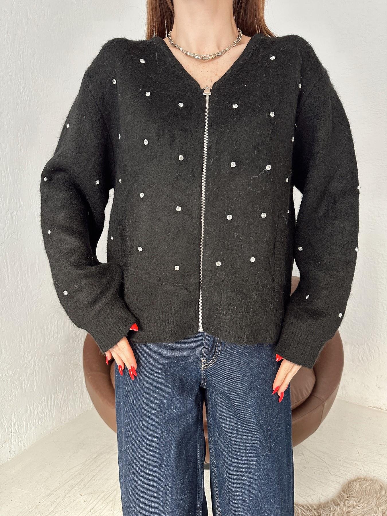 Fermuarlı Taşlı Oversize Hırka SİYAH