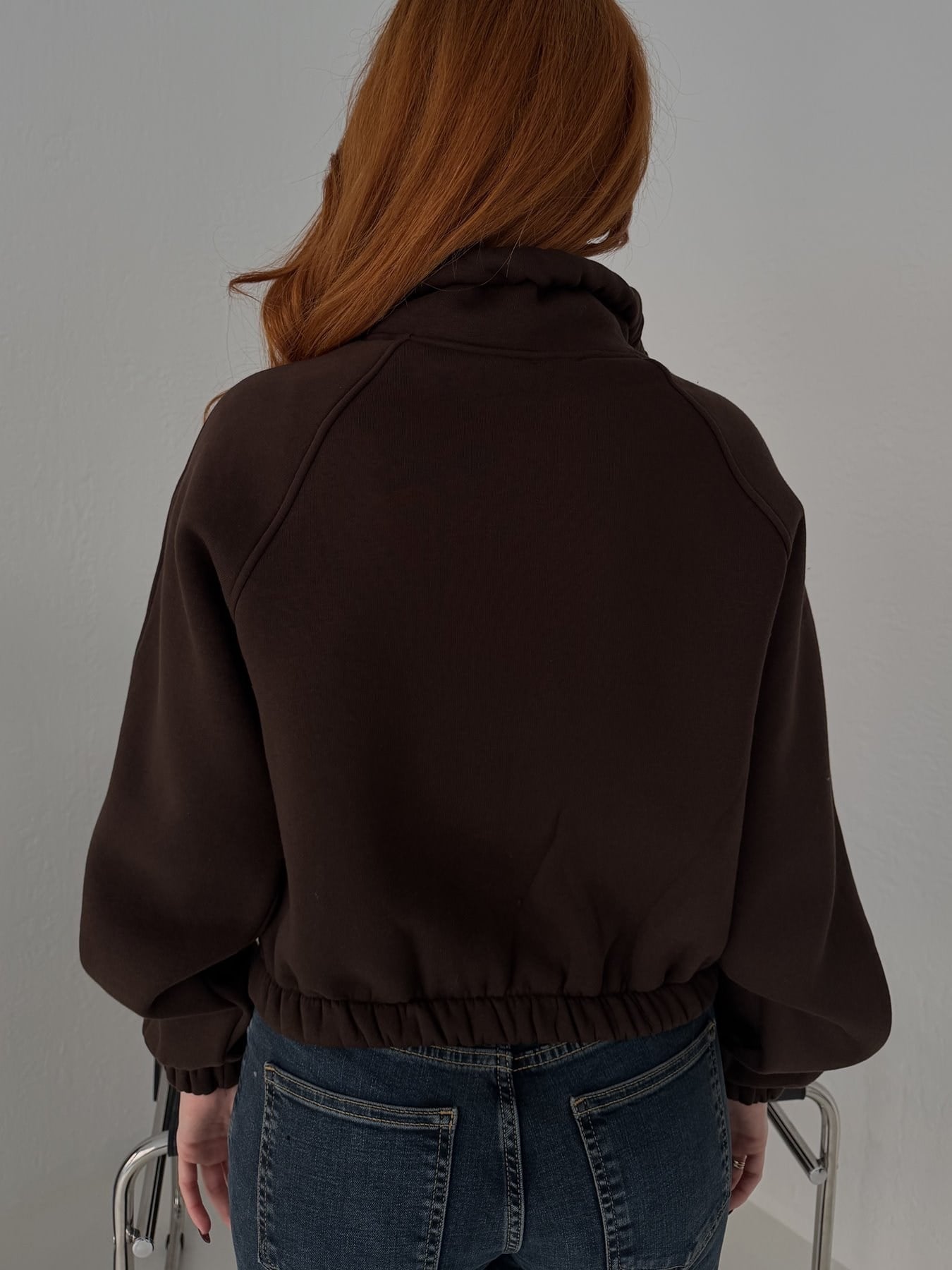 Fermuarlı Yan Cep Crop Sweatshirt Kahve