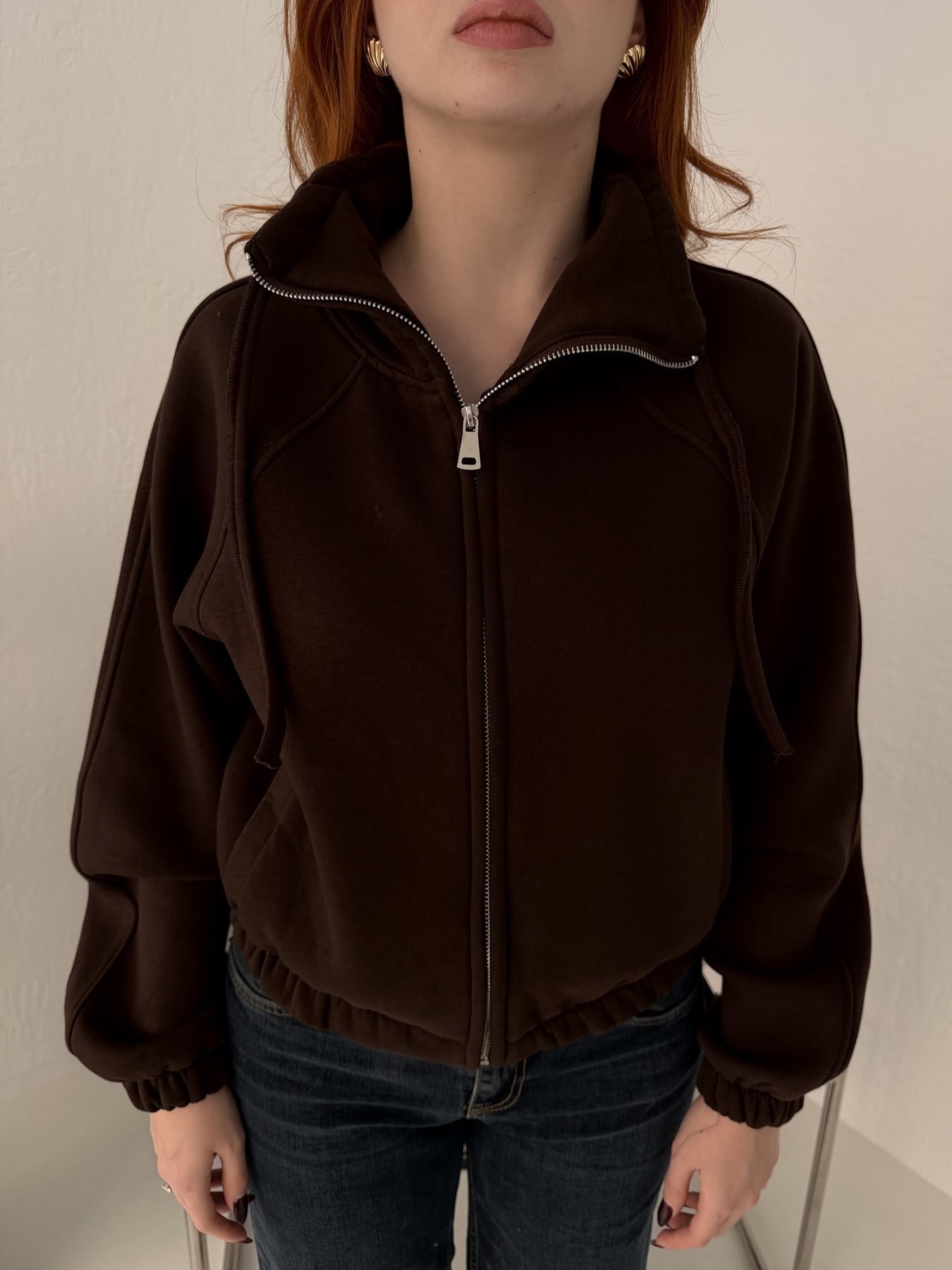 Fermuarlı Yan Cep Crop Sweatshirt Kahve