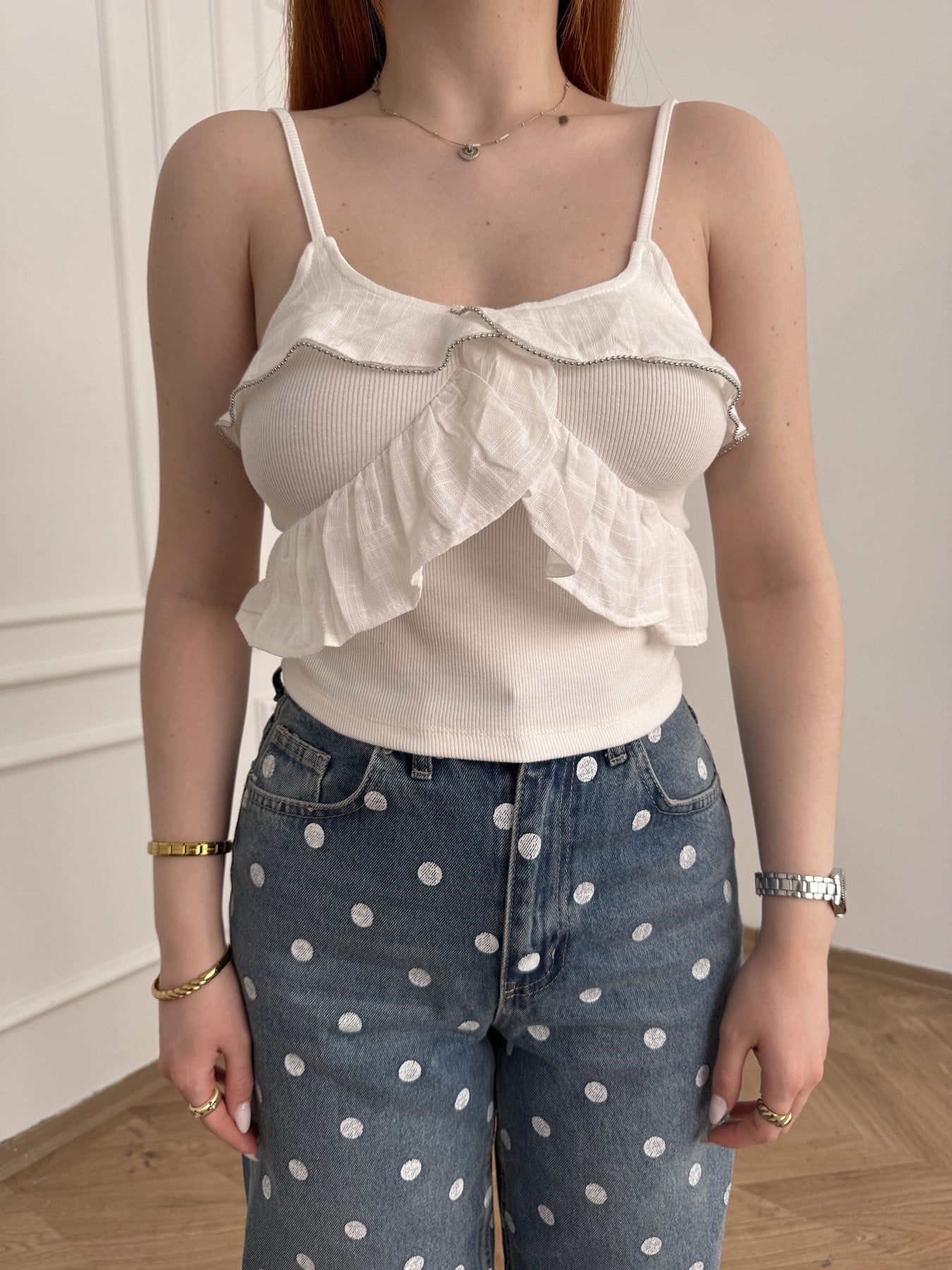 Fırfırlı Askılı Crop Ekru
