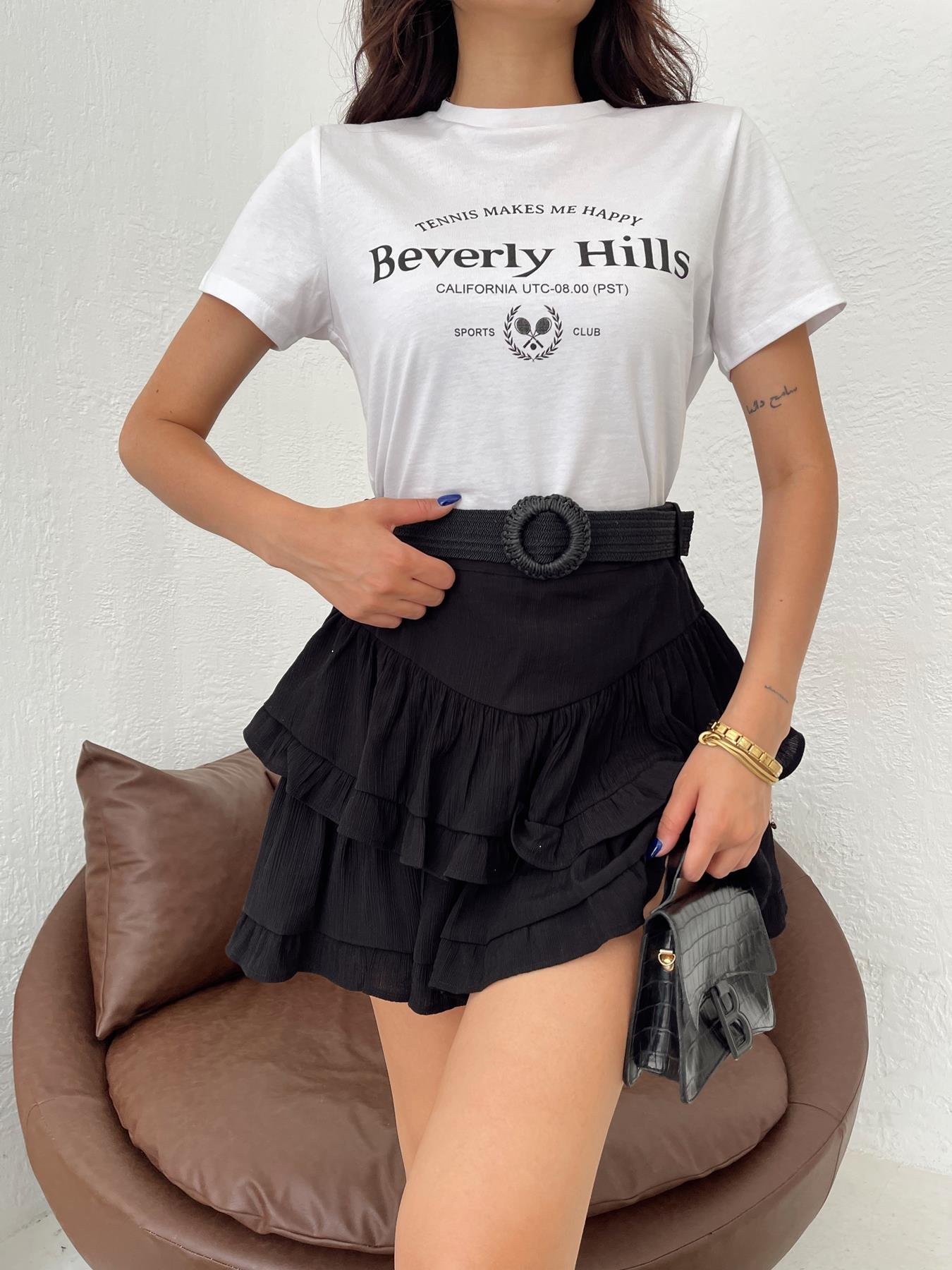 Fırfırlı Kemerli Şort Etek SİYAH