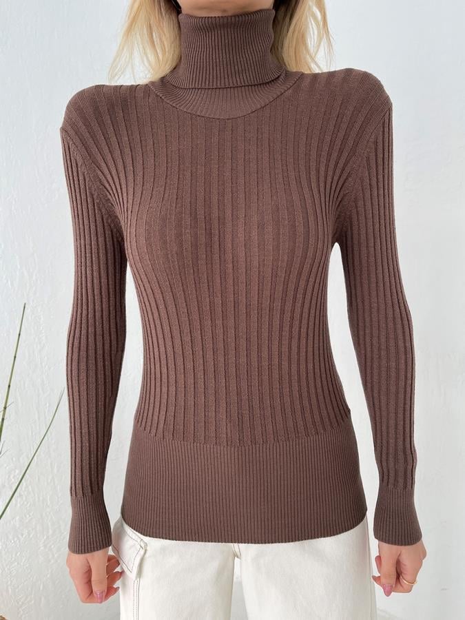 Fitilli Balıkçı Yaka Likralı Kazak KAHVE