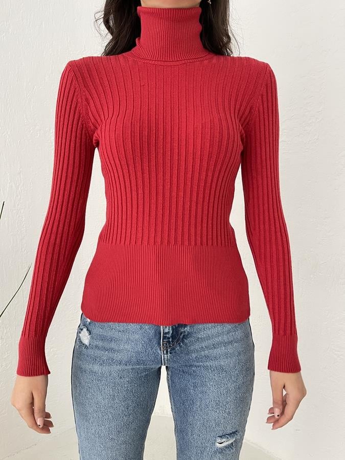 Fitilli Balıkçı Yaka Likralı Kazak KIRMIZI