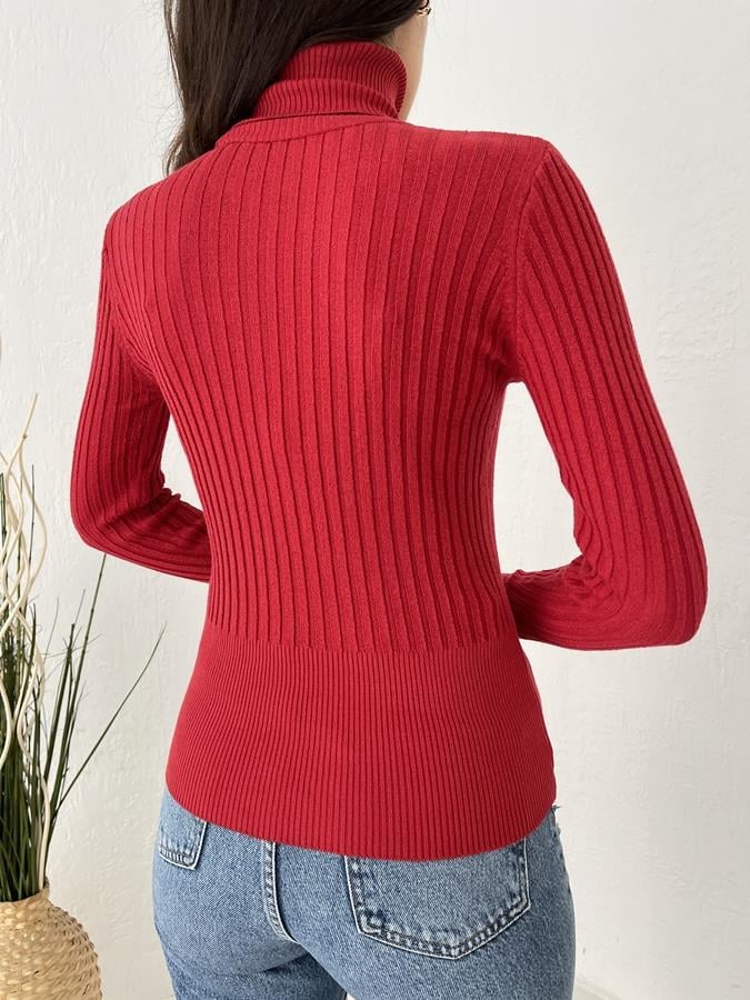 Fitilli Balıkçı Yaka Likralı Kazak KIRMIZI