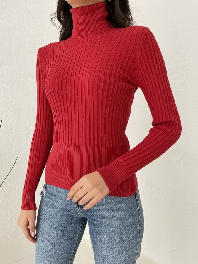 Fitilli Balıkçı Yaka Likralı Kazak KIRMIZI