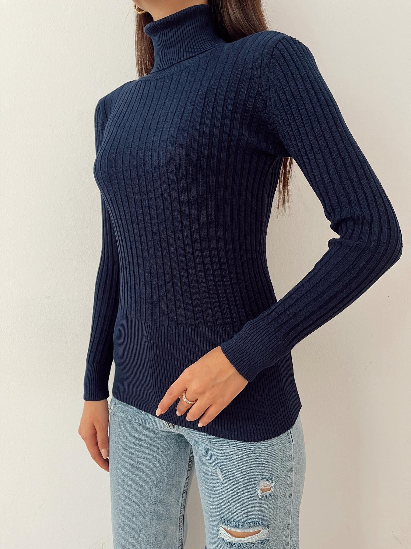 Fitilli Balıkçı Yaka Likralı Kazak LACİVERT