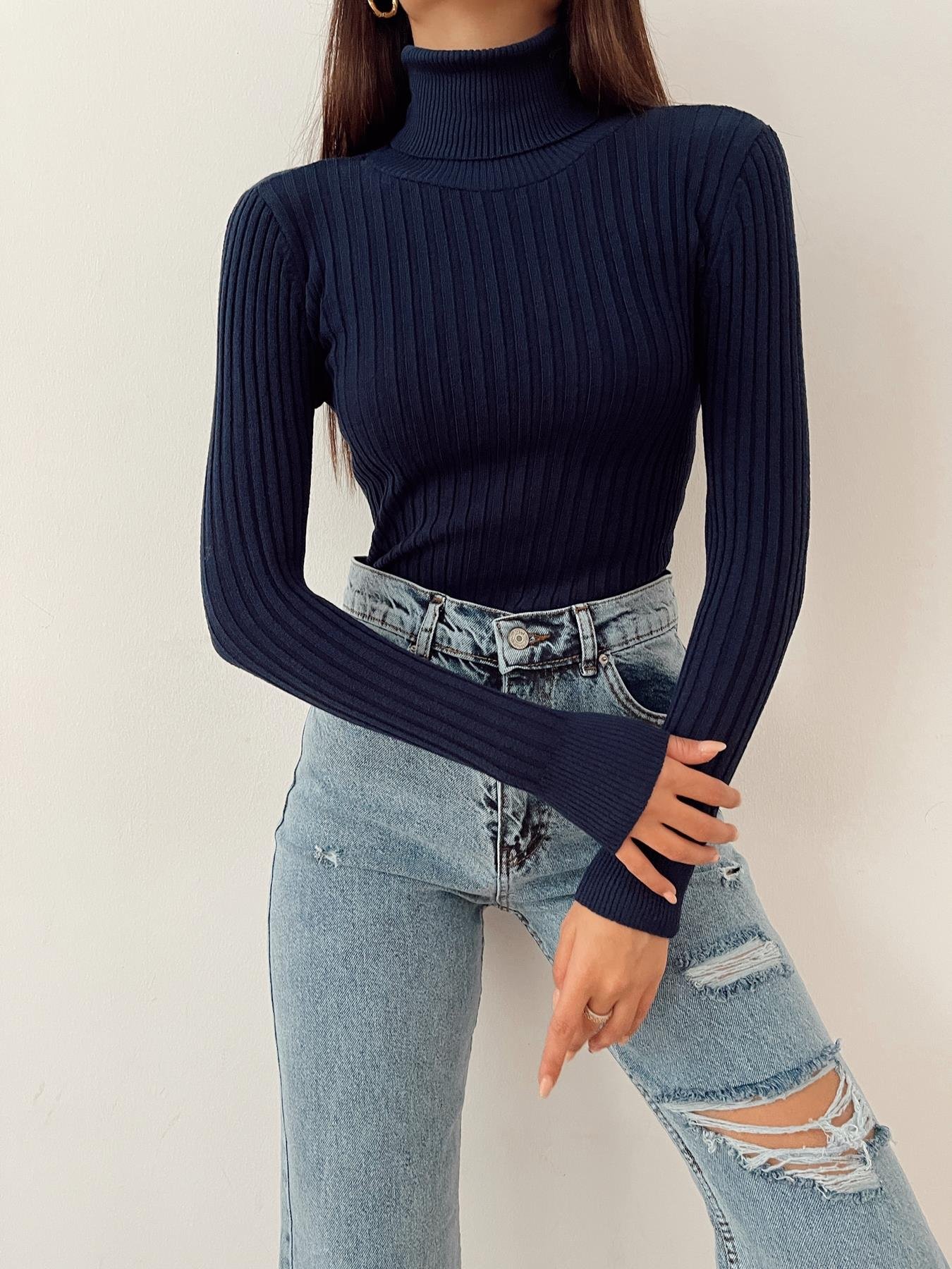 Fitilli Balıkçı Yaka Likralı Kazak LACİVERT